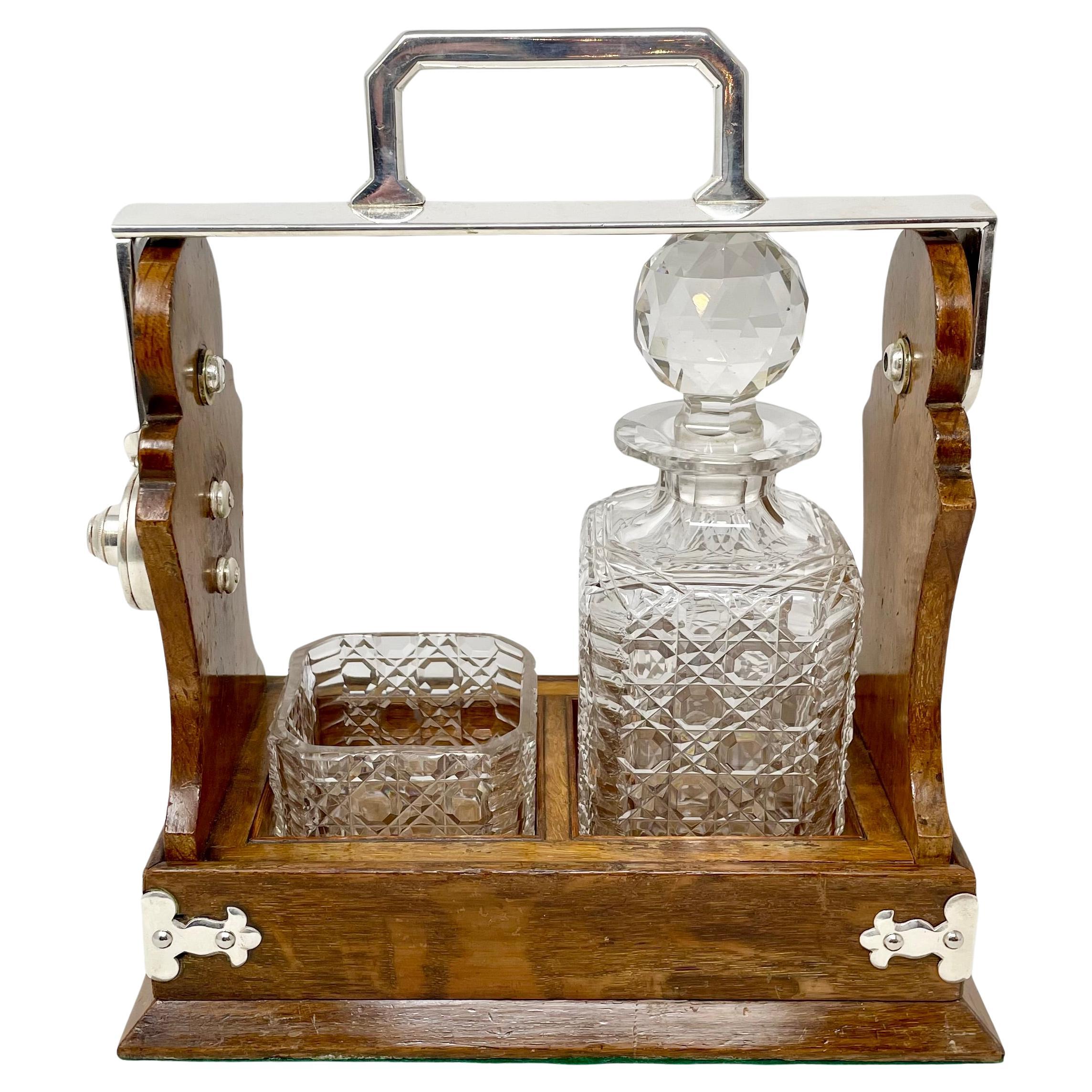 Antique English Oak, Silver-Plate & Crystal One-Bottle Tantalus & Cigar Holder. 6
