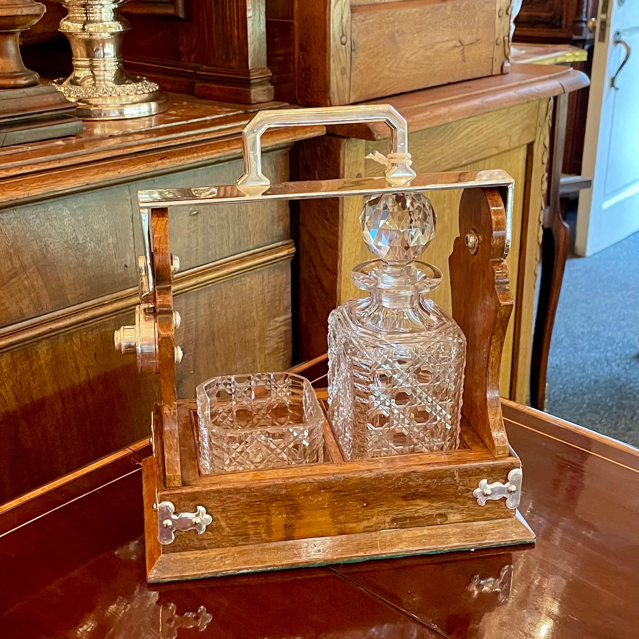 Antique English Oak, Silver-Plate & Crystal One-Bottle Tantalus & Cigar Holder. 10