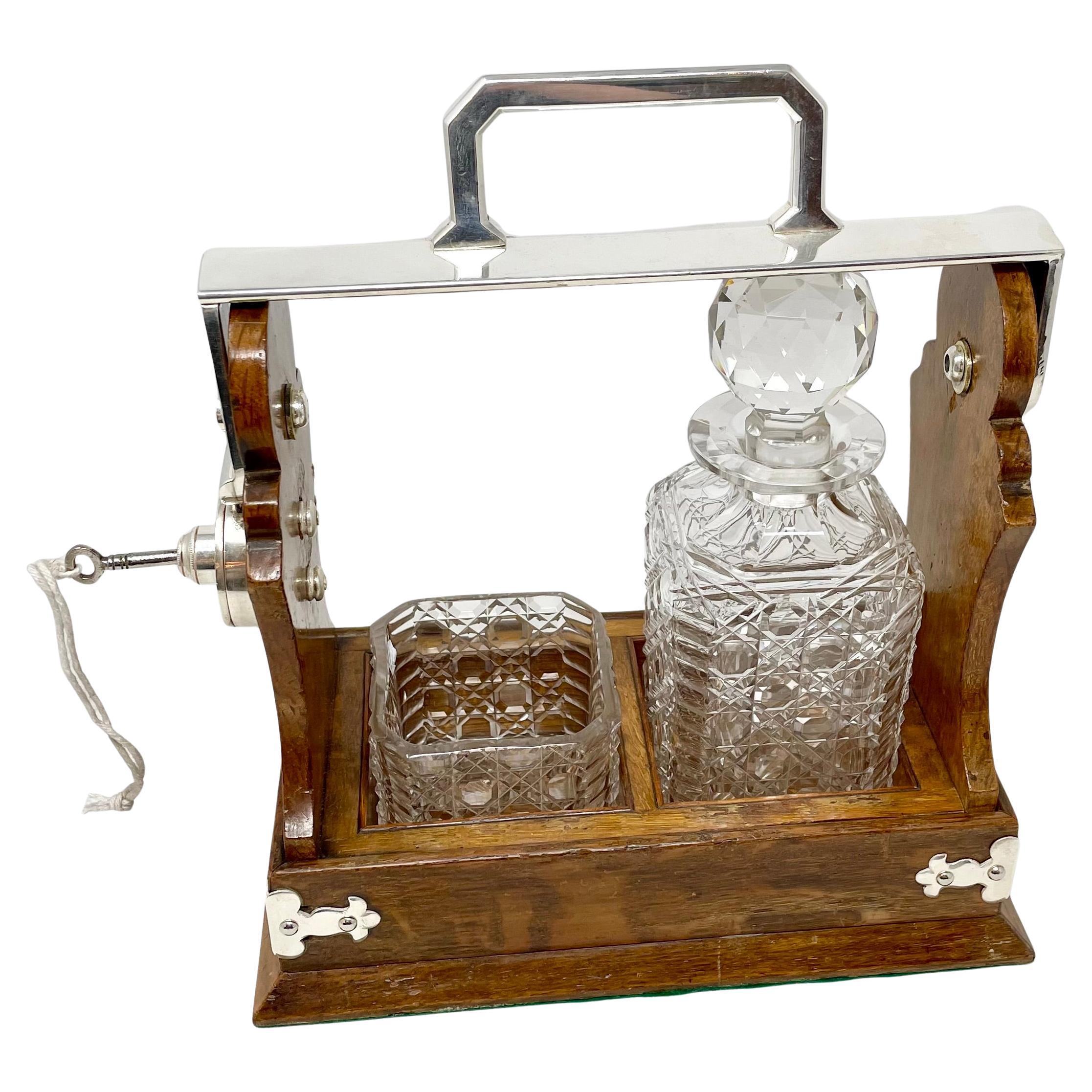 Antique English Oak, Silver-Plate & Crystal One-Bottle Tantalus & Cigar Holder. In Good Condition In New Orleans, LA