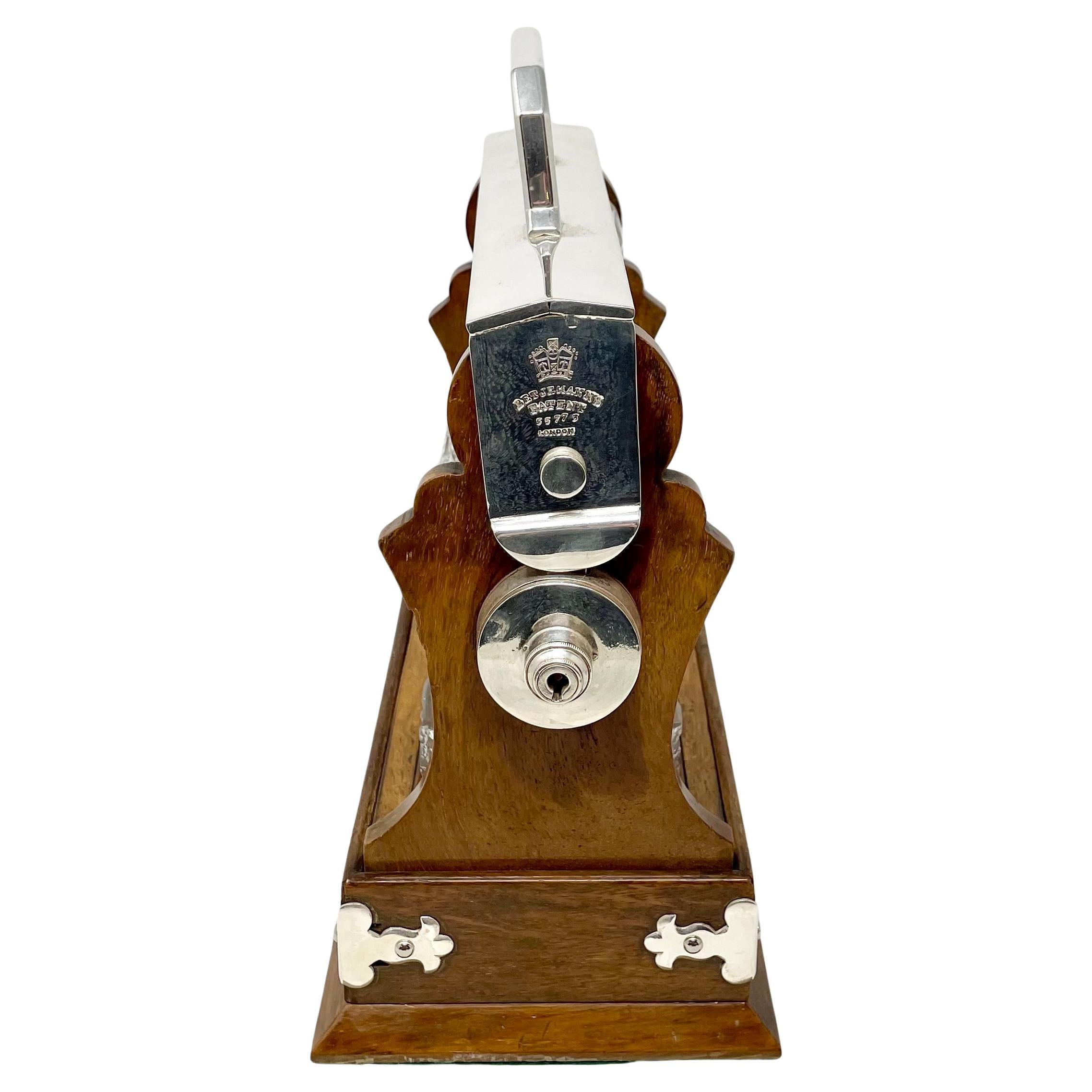 Silver Plate Antique English Oak, Silver-Plate & Crystal One-Bottle Tantalus & Cigar Holder.