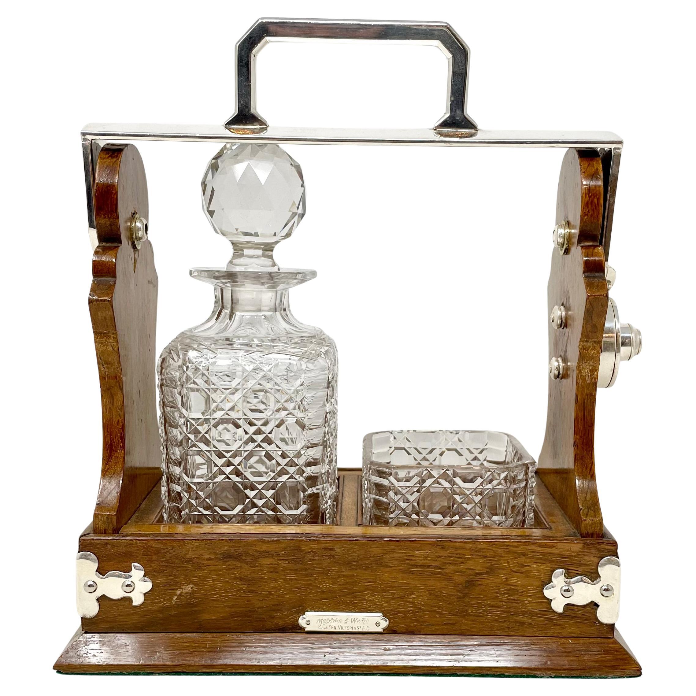 Antique English Oak, Silver-Plate & Crystal One-Bottle Tantalus & Cigar Holder. 1