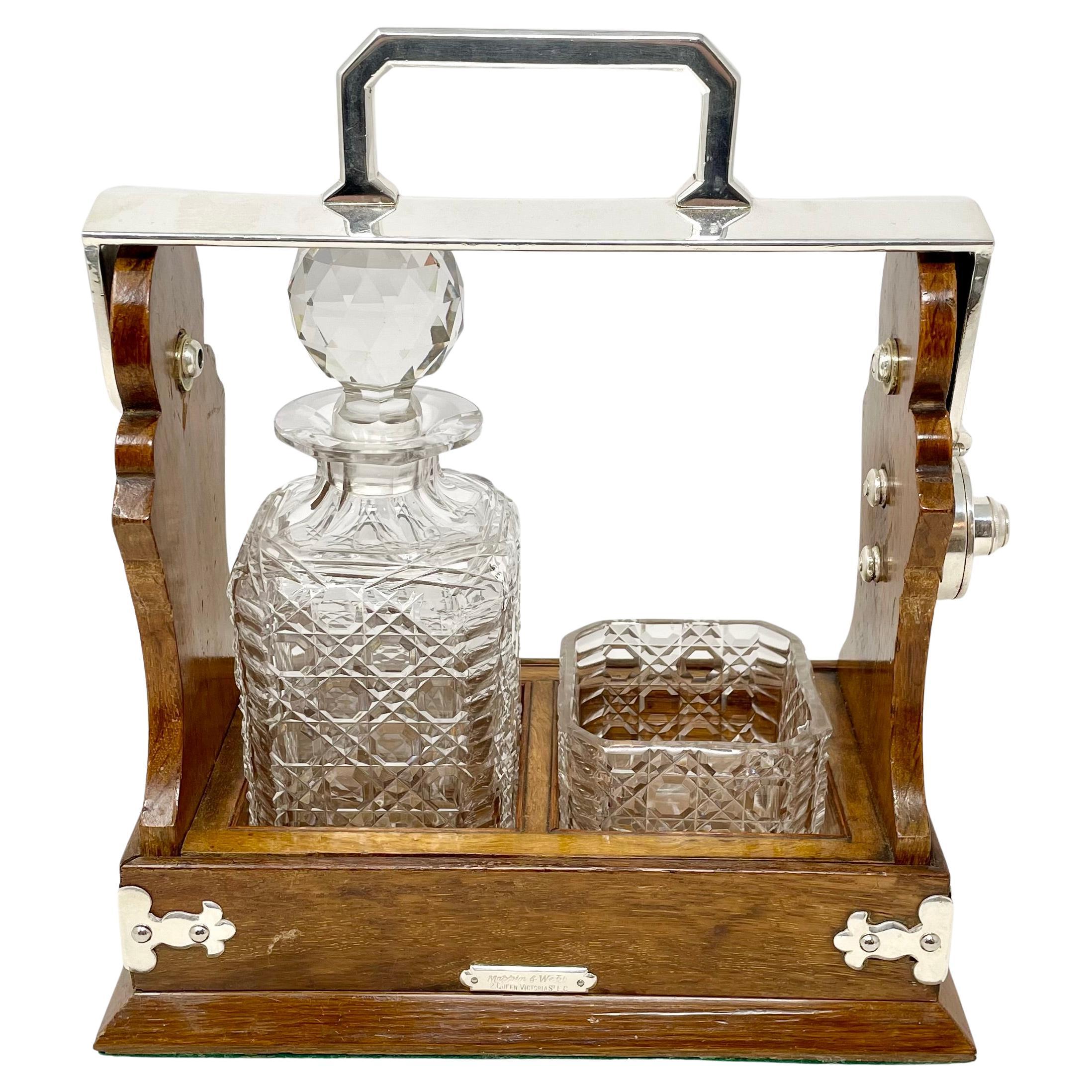 Antique English Oak, Silver-Plate & Crystal One-Bottle Tantalus & Cigar Holder. 2