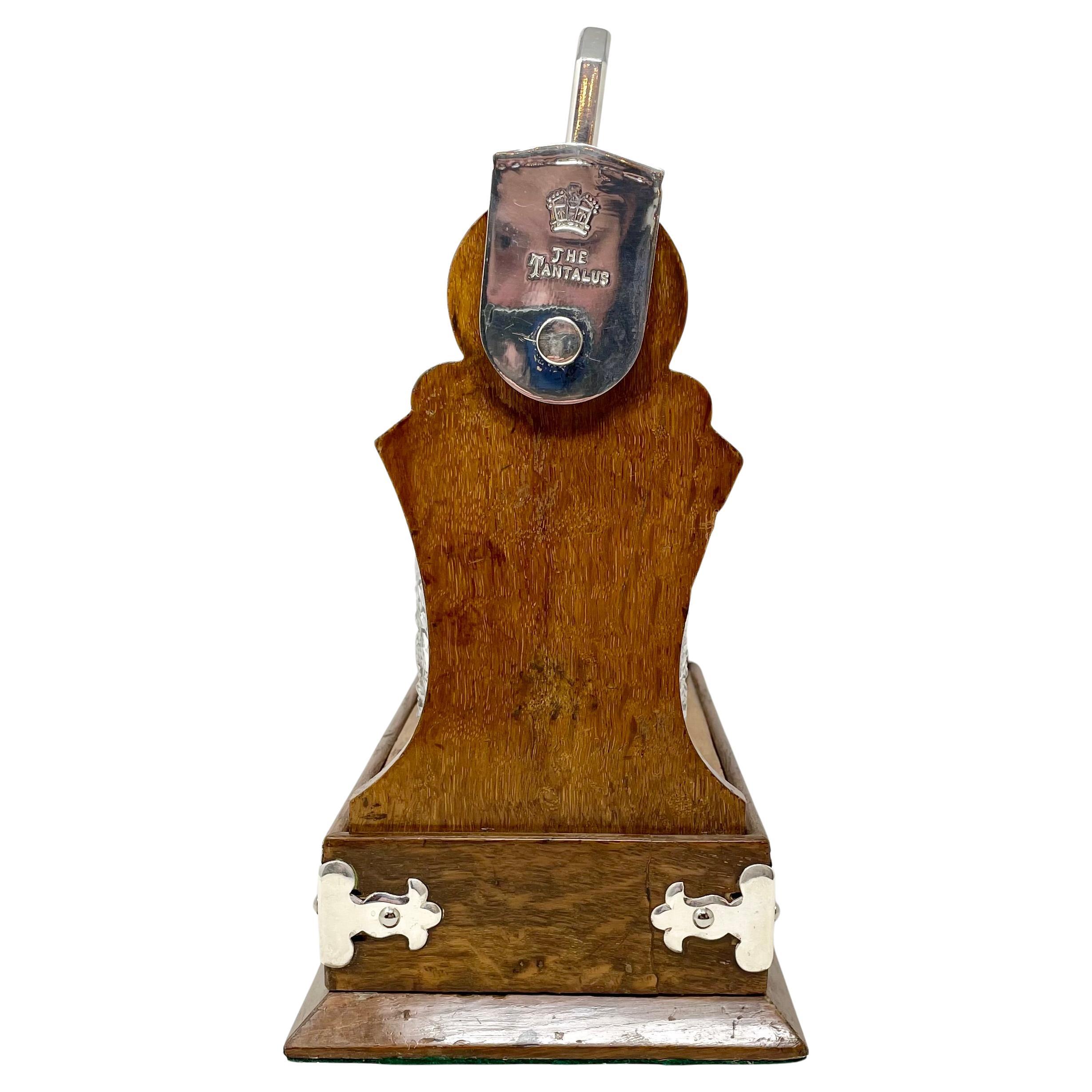Antique English Oak, Silver-Plate & Crystal One-Bottle Tantalus & Cigar Holder. 3