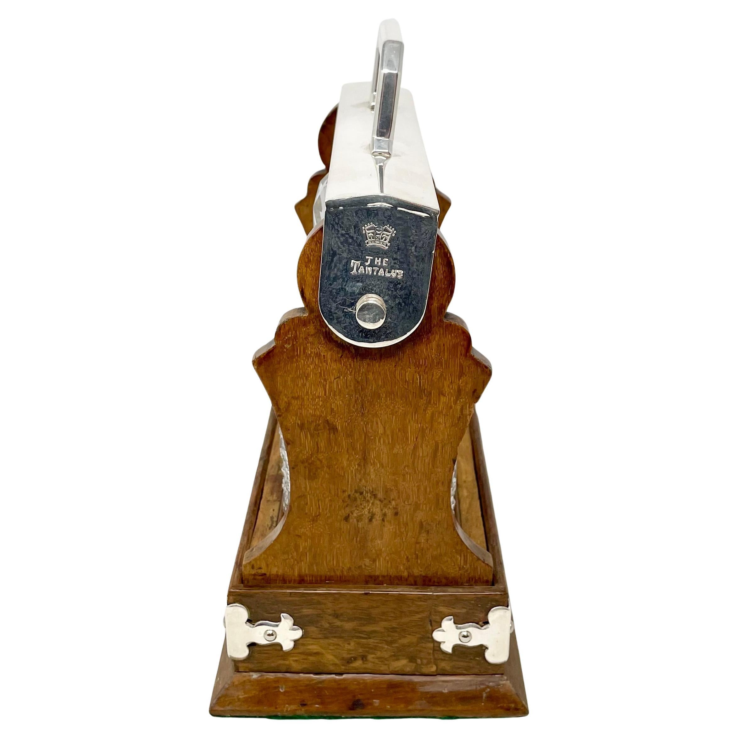 Antique English Oak, Silver-Plate & Crystal One-Bottle Tantalus & Cigar Holder. 4