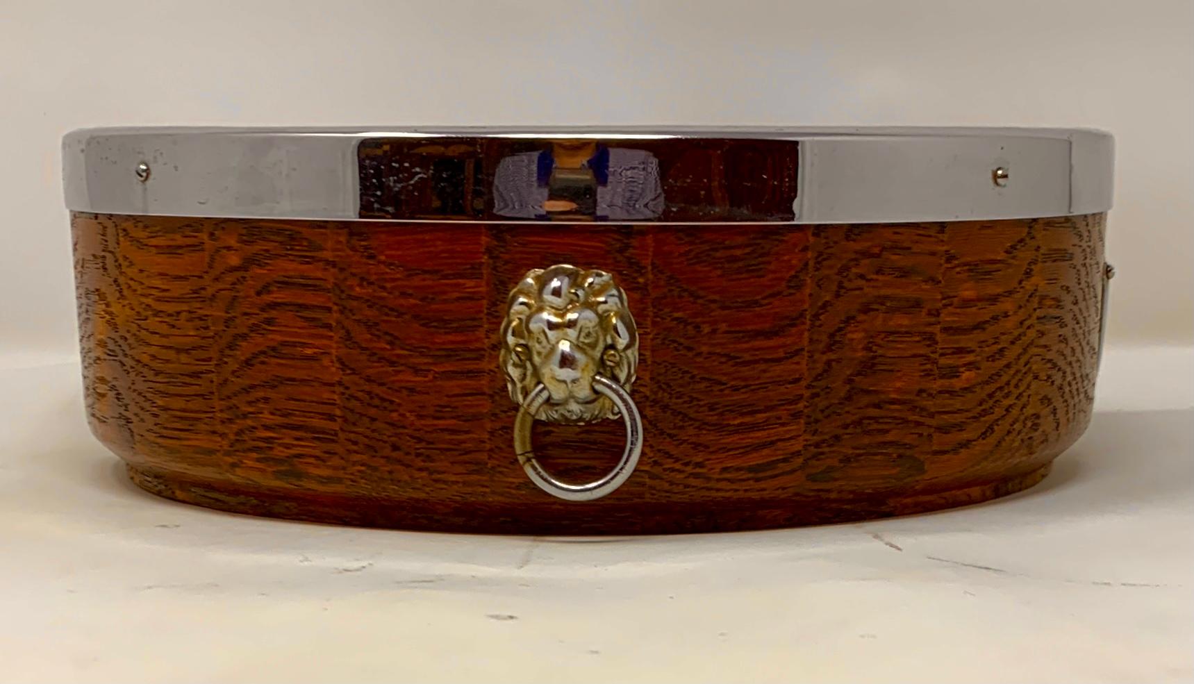 Antique English Oak & Silver-Plated Serving Bowl with Crystal Liner, Circa 1900 In Good Condition In New Orleans, LA