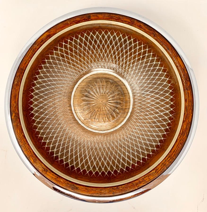19th Century Antique English Oak & Silver-Plated Serving Bowl with Crystal Liner, Circa 1900