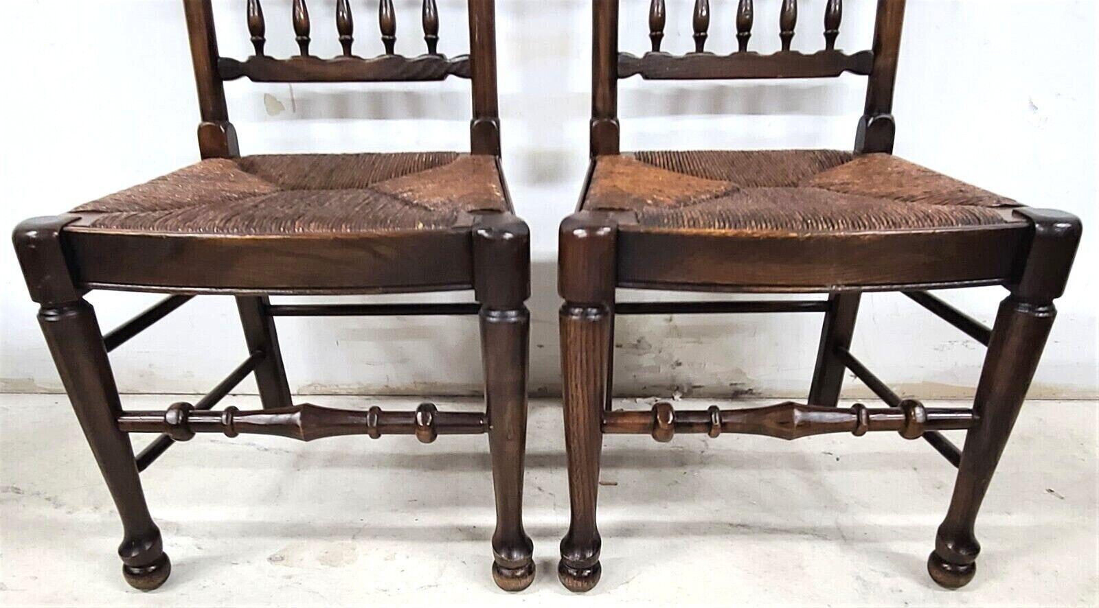 Country Lancashire Dining Chairs Antique English Oak Spindle Back Rush Seat - Set of 5