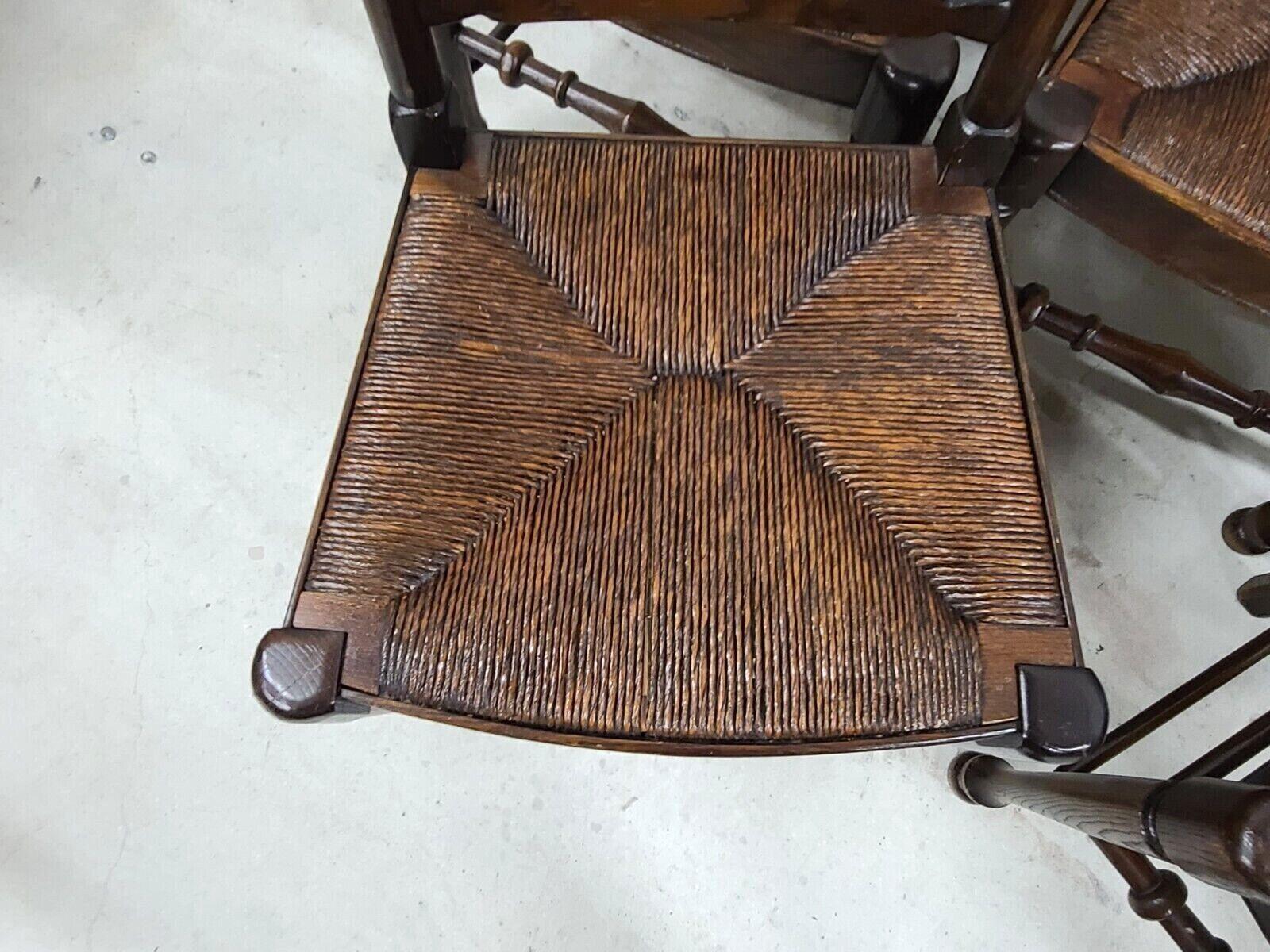 Lancashire Dining Chairs Antique English Oak Spindle Back Rush Seat - Set of 5 3