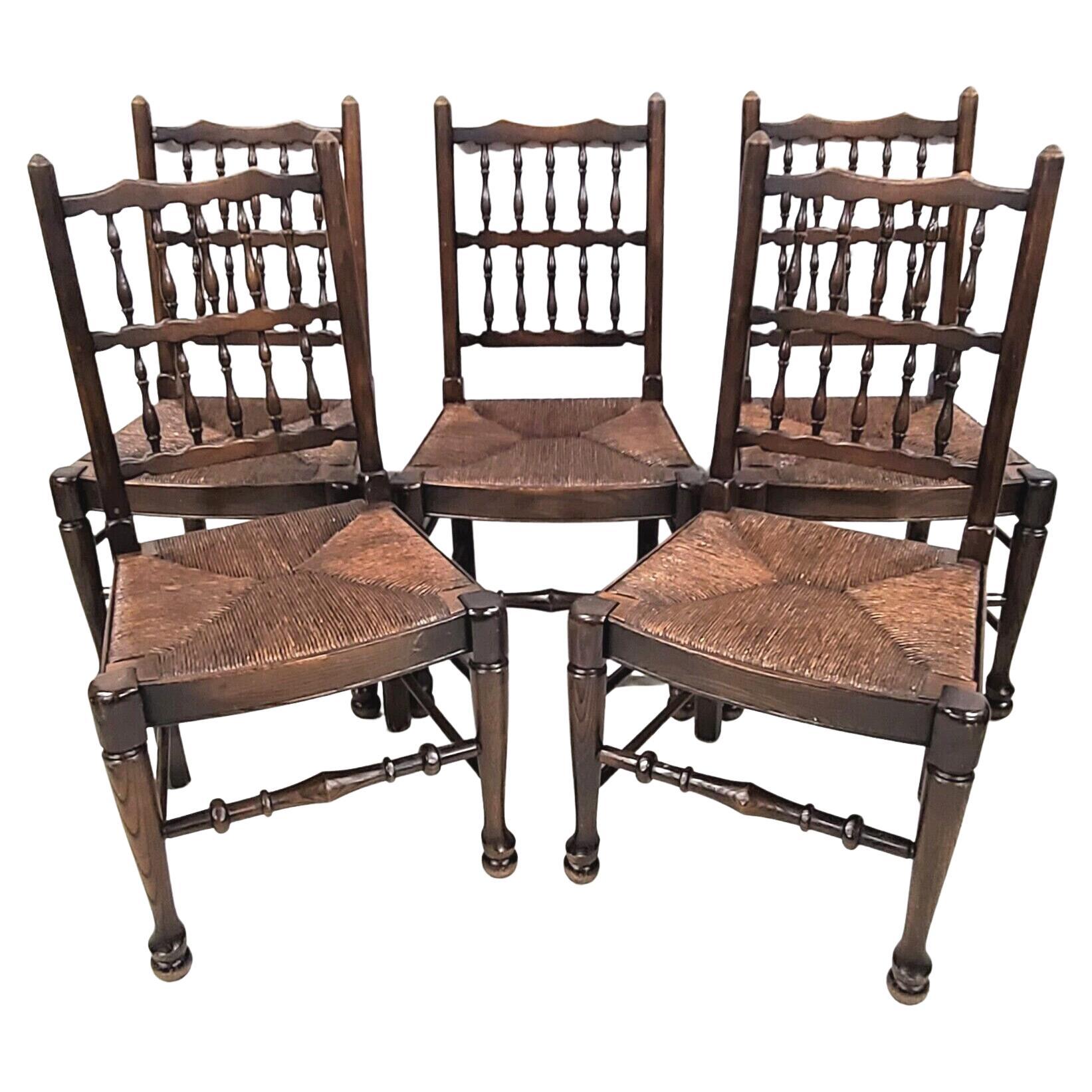 Antique English Oak Spindle Back Rush Seat Dining Chairs, Set of 5