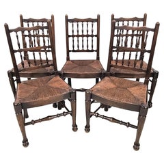 Antique English Oak Spindle Back Rush Seat Dining Chairs, Set of 5