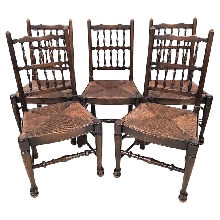 Antique English Oak Spindle Back Rush Seat Dining Chairs, Set of 5 For