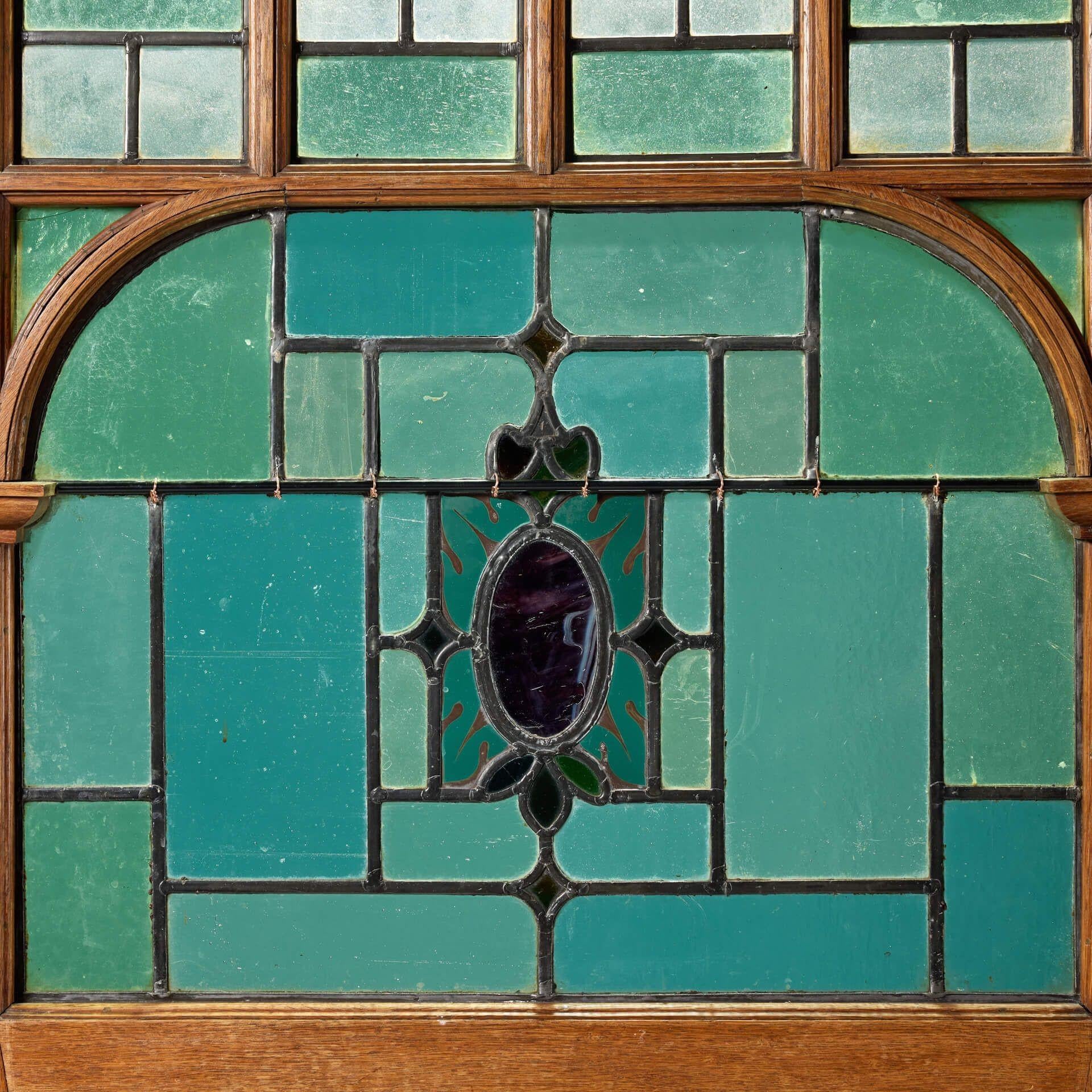 Edwardian Antique English Oak Stained Glass Door For Sale