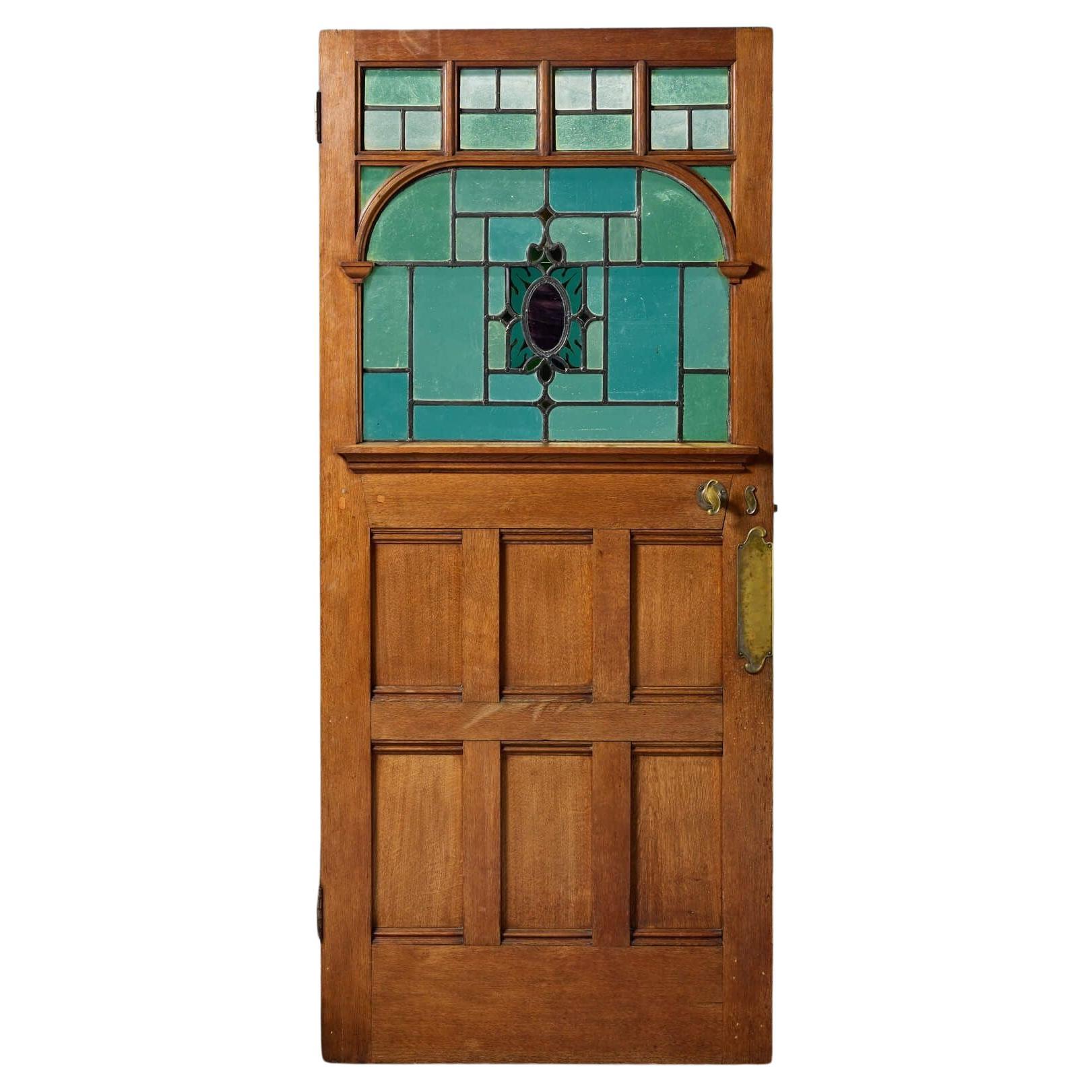 Antike englische Eichenholz-Tür aus Buntglas