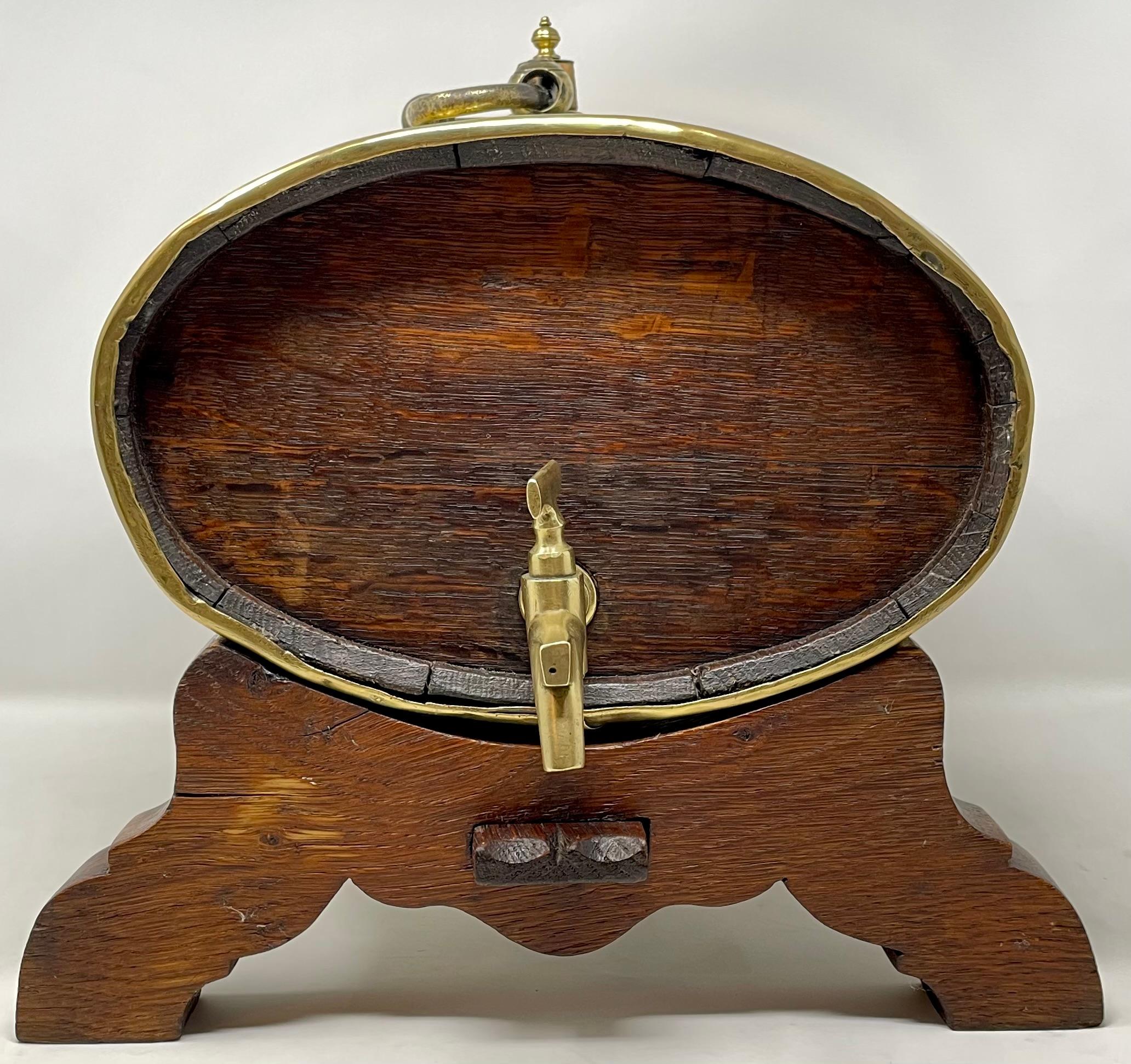 Antique English oak tabletop whiskey barrel with brass banding, circa 1890.