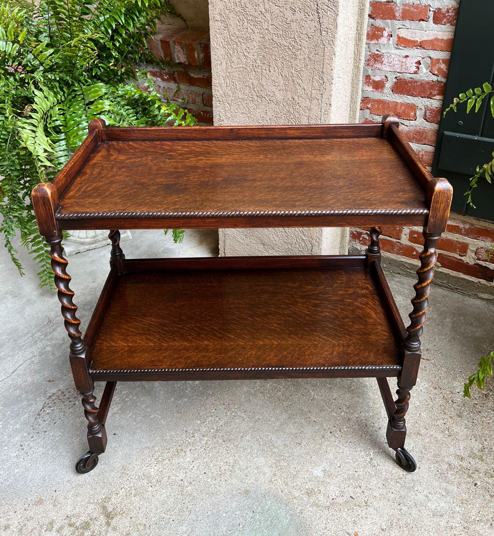 Antique English Oak Tea Trolley Drinks Wine Serving Cart Barley Twist Dumbwaiter 8