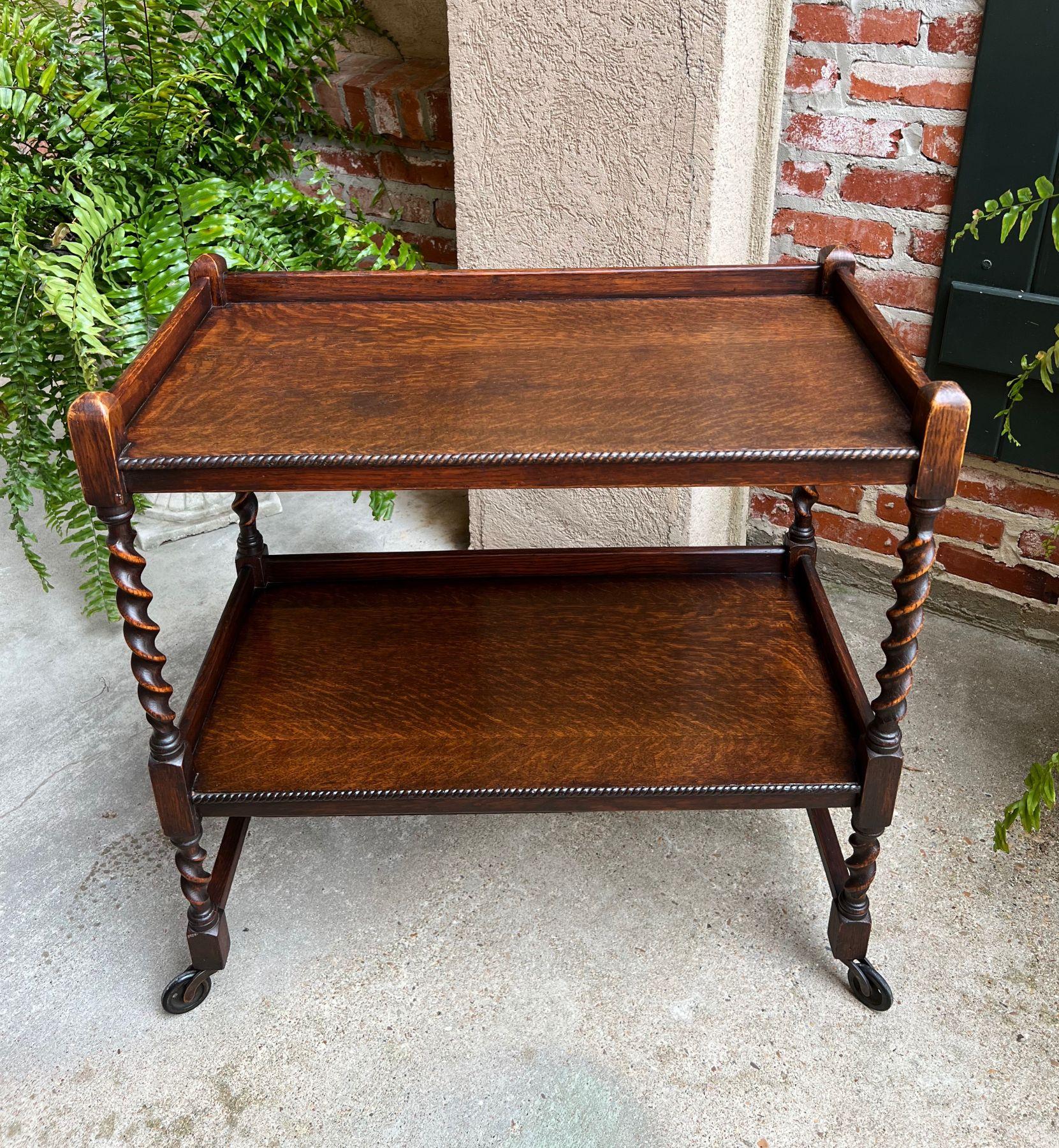 Antique English Oak Tea Trolley Drinks Wine Serving Cart Barley Twist Dumbwaiter 8