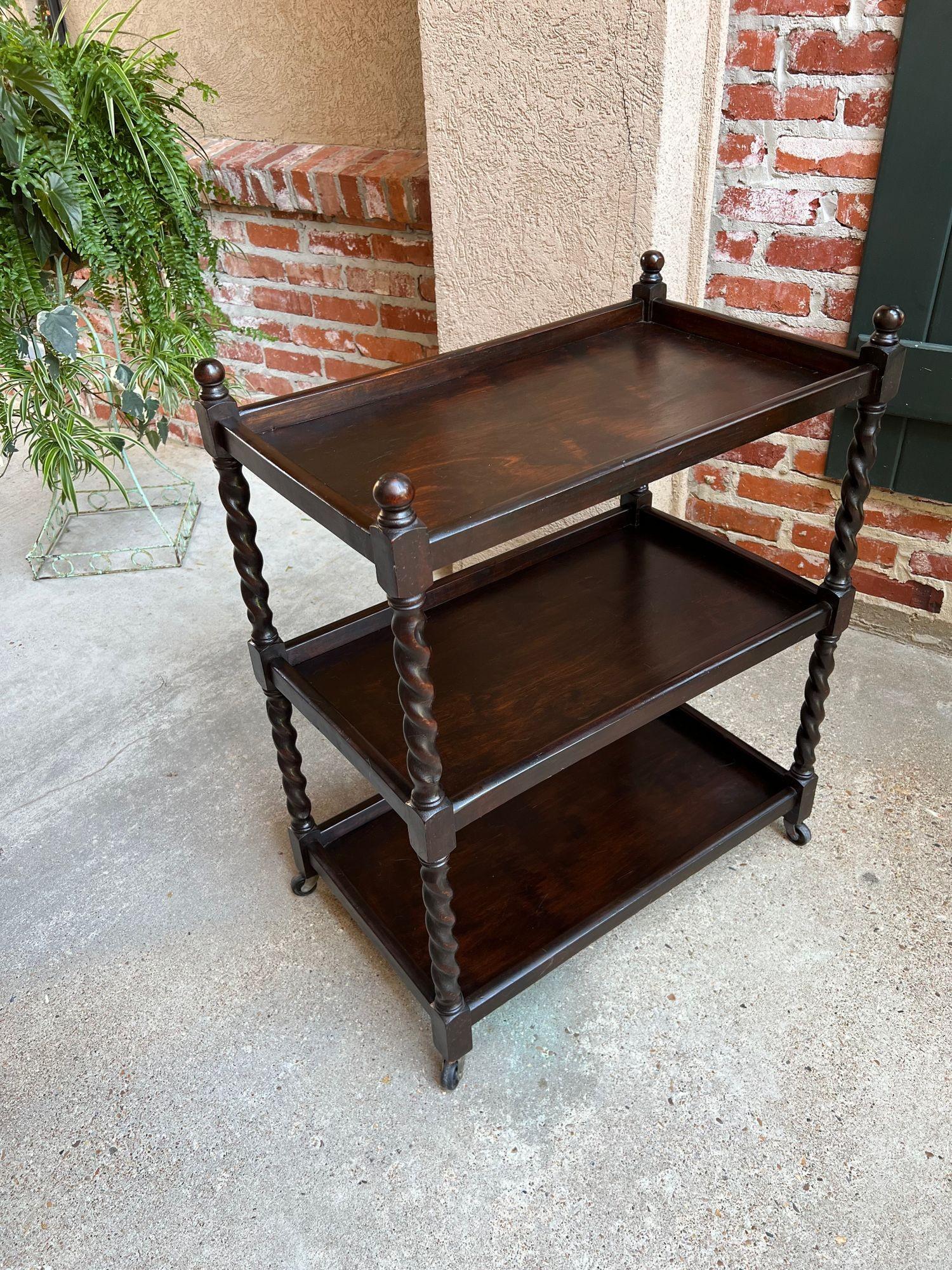 Antique English Oak Tea Trolley Drinks Wine Serving Cart Barley Twist Dumbwaiter 9