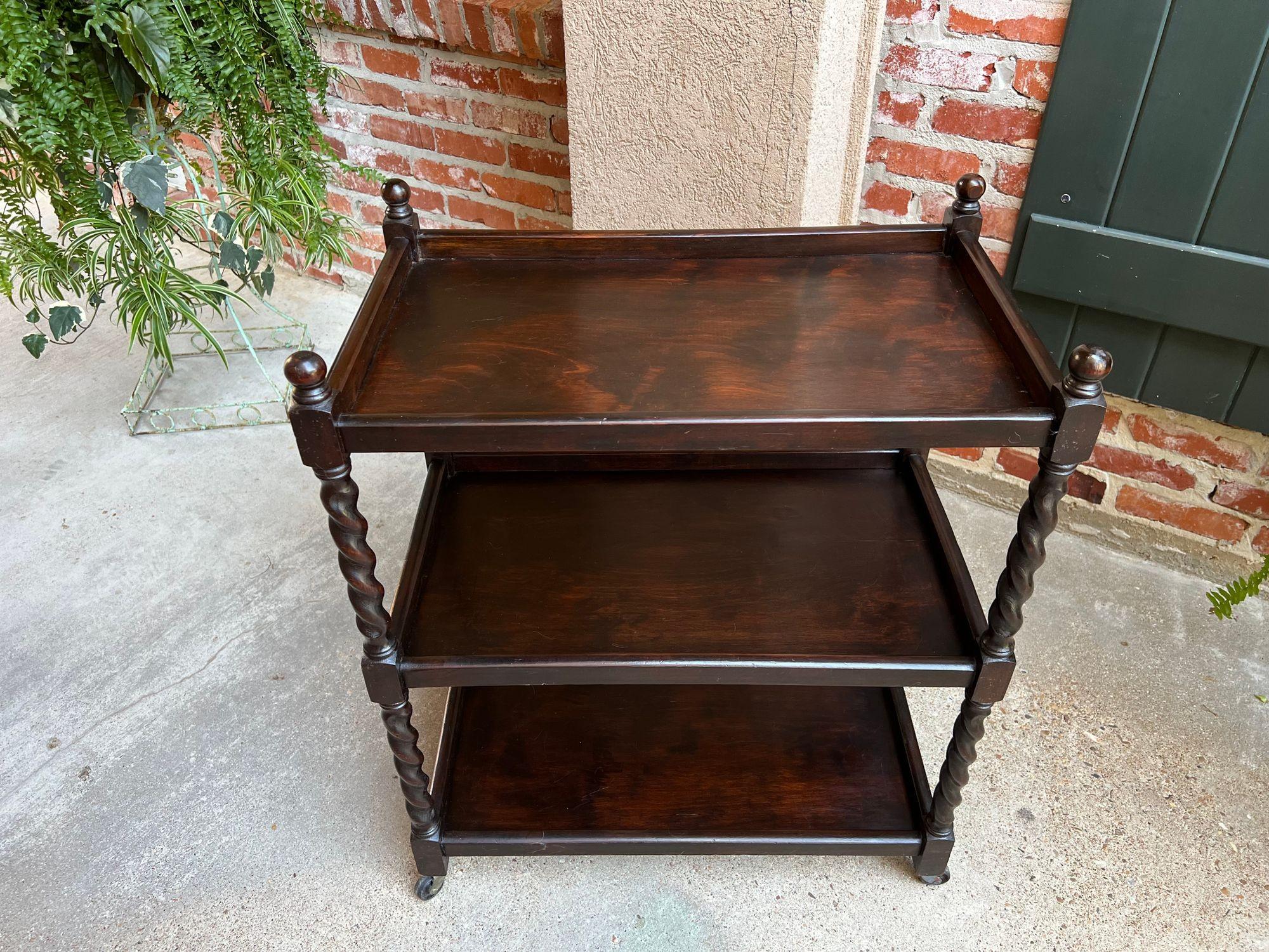 Antique English Oak Tea Trolley Drinks Wine Serving Cart Barley Twist Dumbwaiter 12