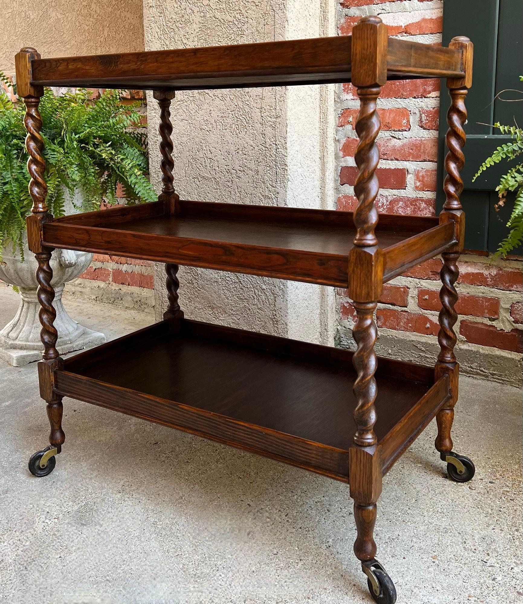 Turned Antique English Oak Tea Trolley Drinks Wine Serving Cart Barley Twist Dumbwaiter