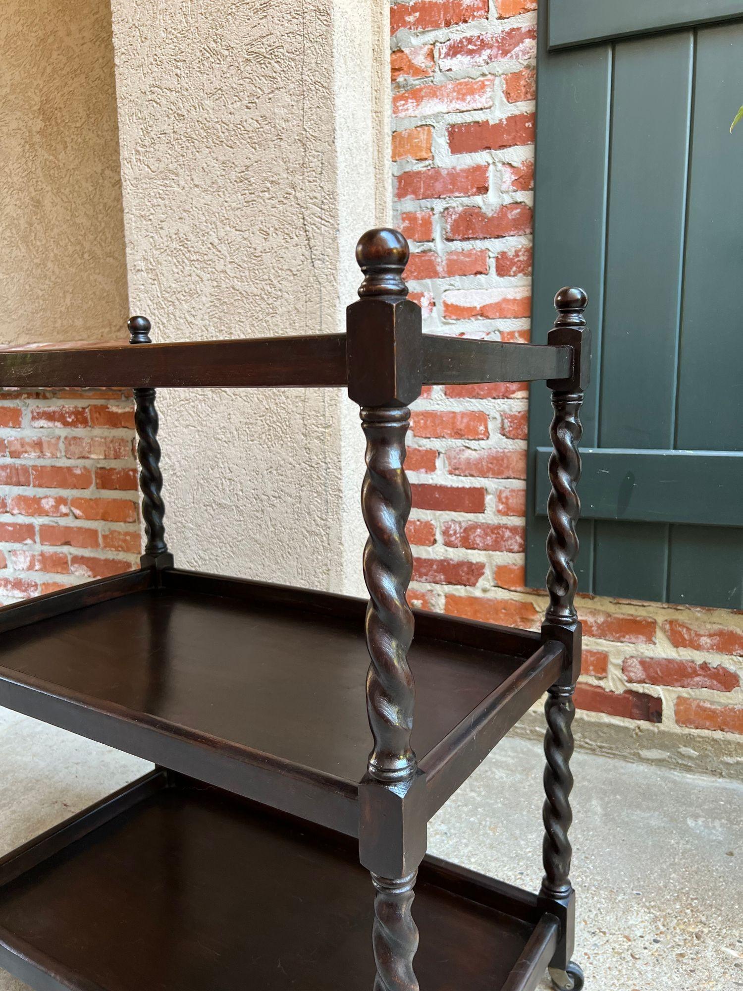 Turned Antique English Oak Tea Trolley Drinks Wine Serving Cart Barley Twist Dumbwaiter