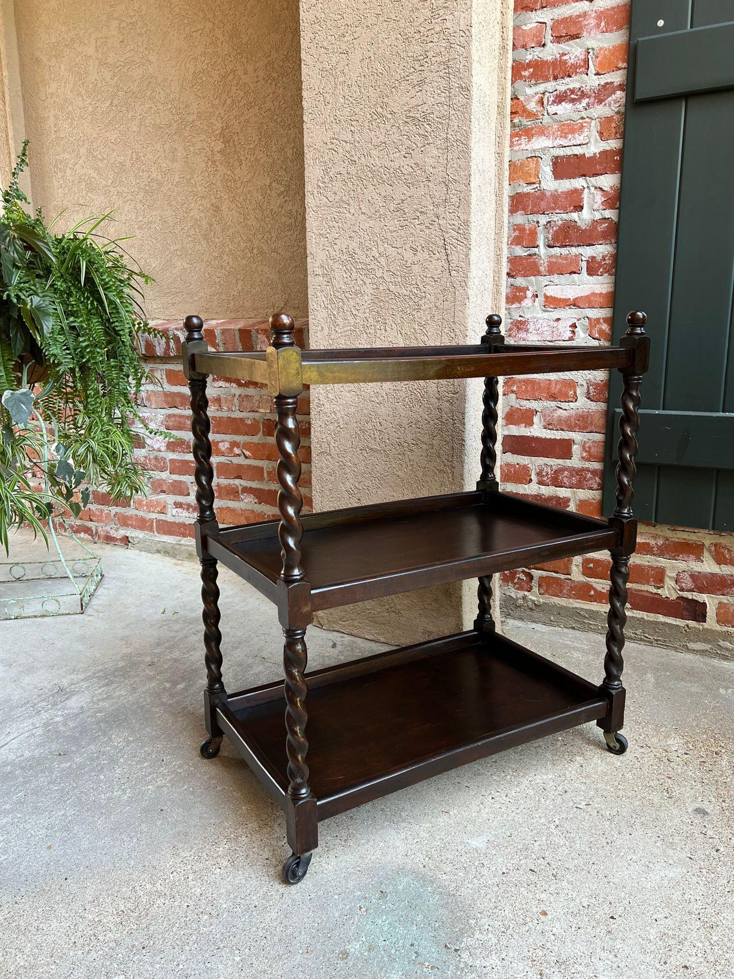 Early 20th Century Antique English Oak Tea Trolley Drinks Wine Serving Cart Barley Twist Dumbwaiter