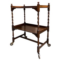 Antique English Oak Tea Trolley Drinks Wine Serving Cart Barley Twist Dumbwaiter