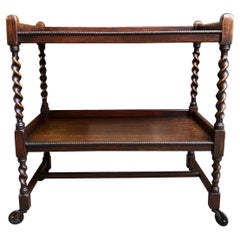 Antique English Oak Tea Trolley Drinks Wine Serving Cart Barley Twist Dumbwaiter