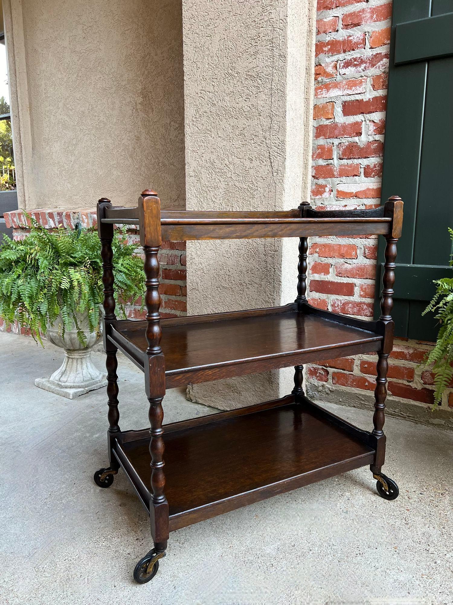 Antique English Oak Tea Trolley Wine Bar Serving Cart 3 Tier British Dumbwaiter 6