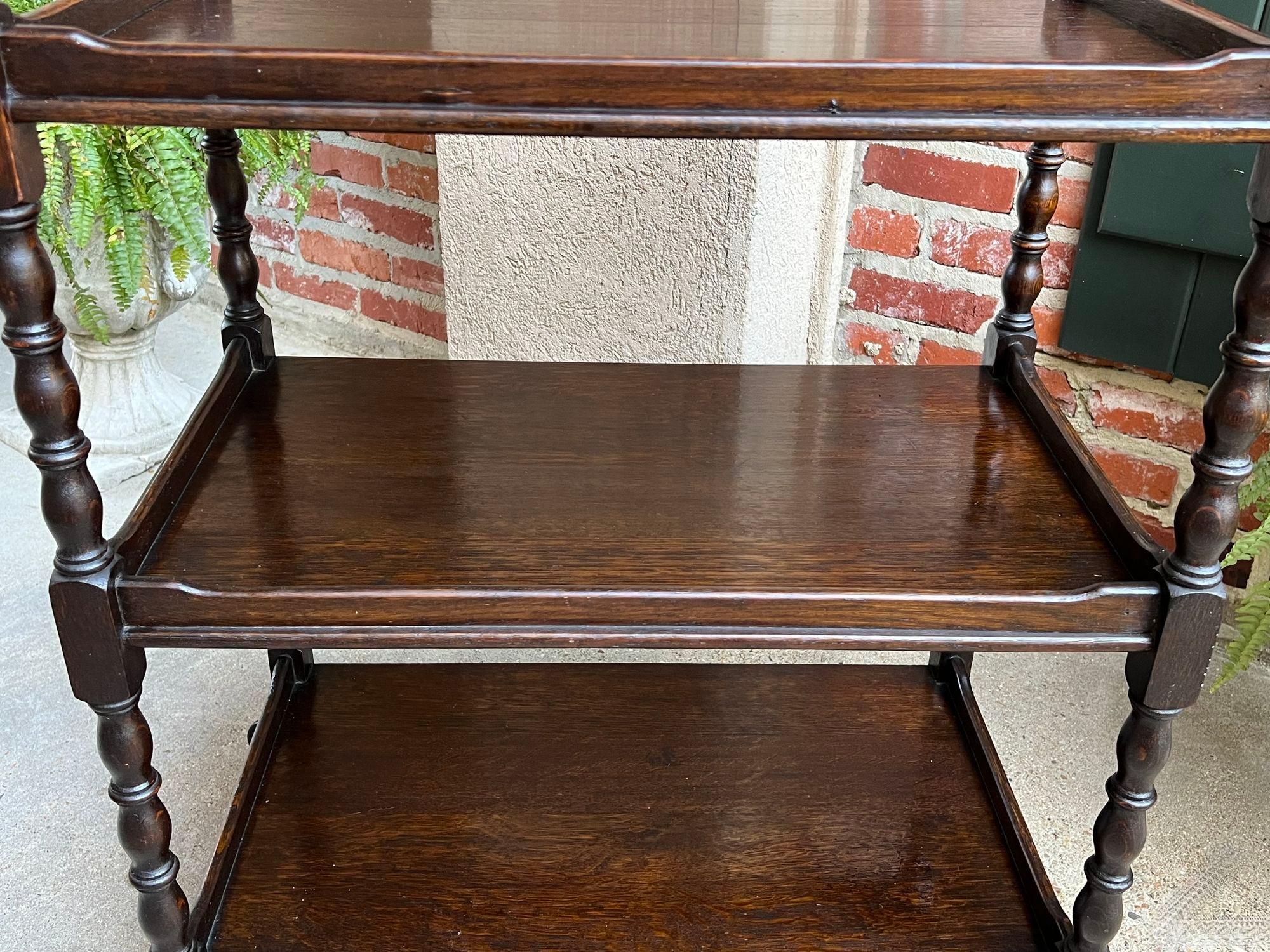 Antique English Oak Tea Trolley Wine Bar Serving Cart 3 Tier British Dumbwaiter For Sale 10