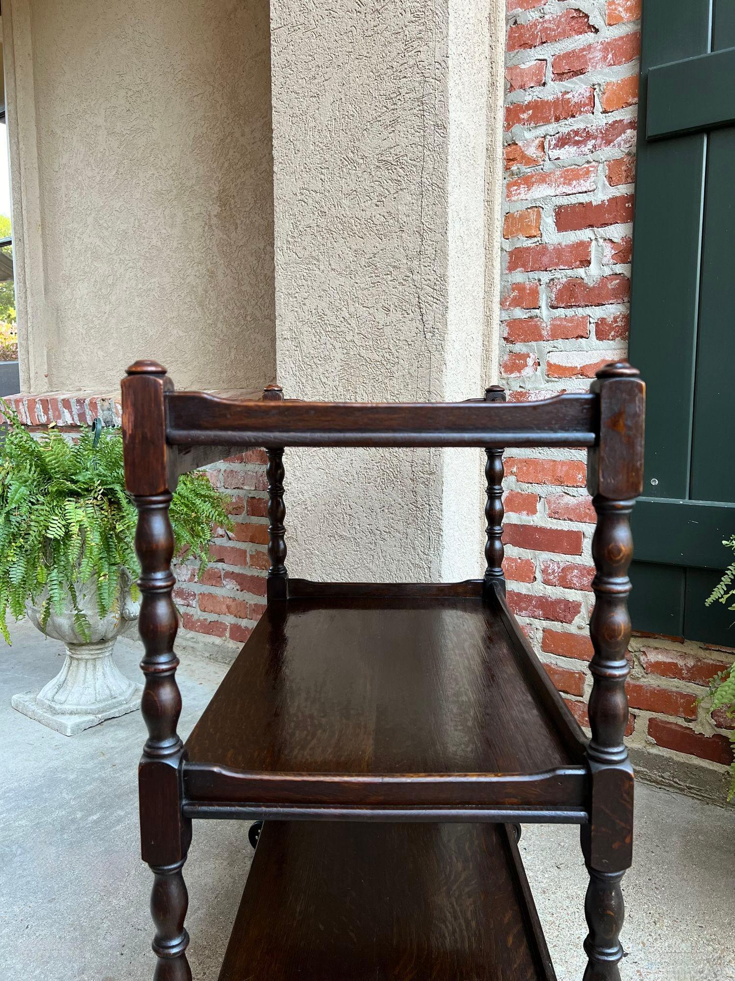 Early 20th Century Antique English Oak Tea Trolley Wine Bar Serving Cart 3 Tier British Dumbwaiter For Sale