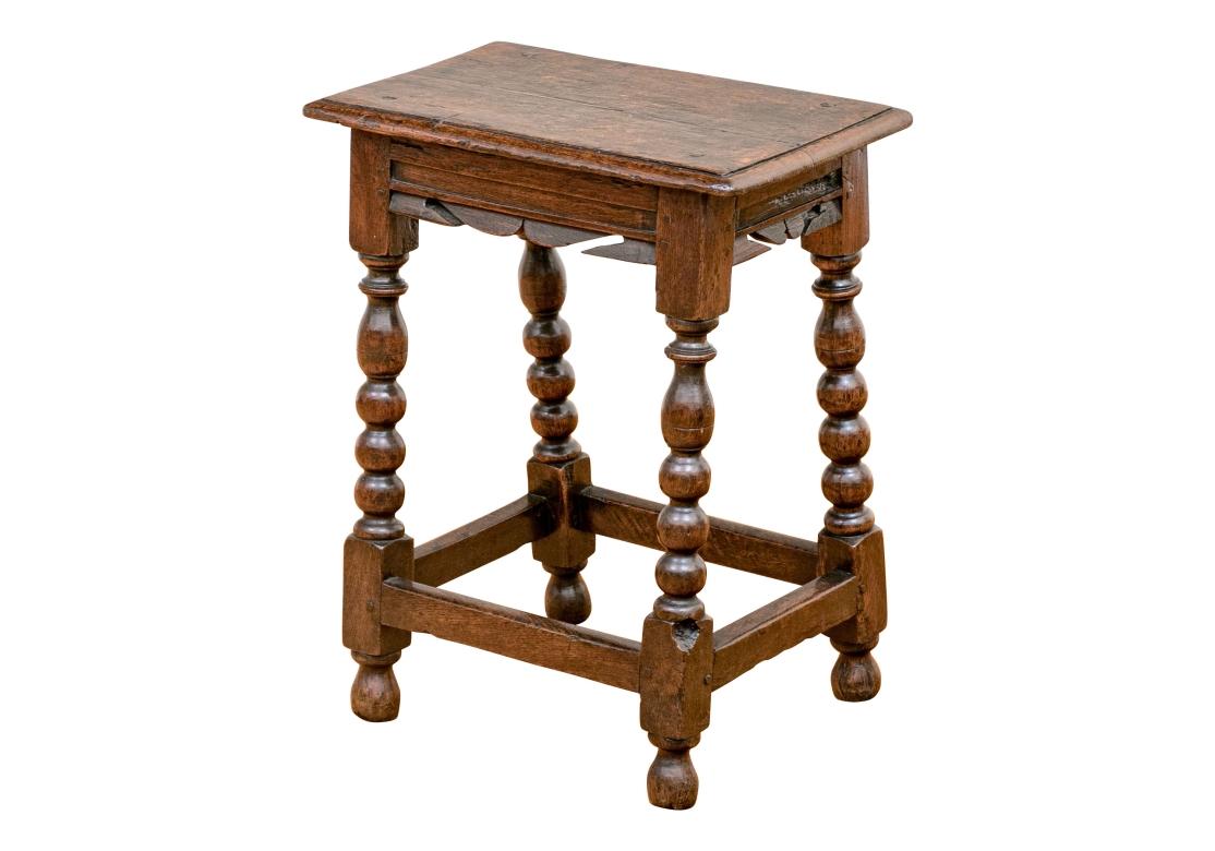 A fine Antique English Tavern Table with great form and good weight. The table with well-crafted peg construction, strongly turned legs and stretcher base. The table has a particularly noteworthy all over polish and is quite sturdy. 

Condition: 