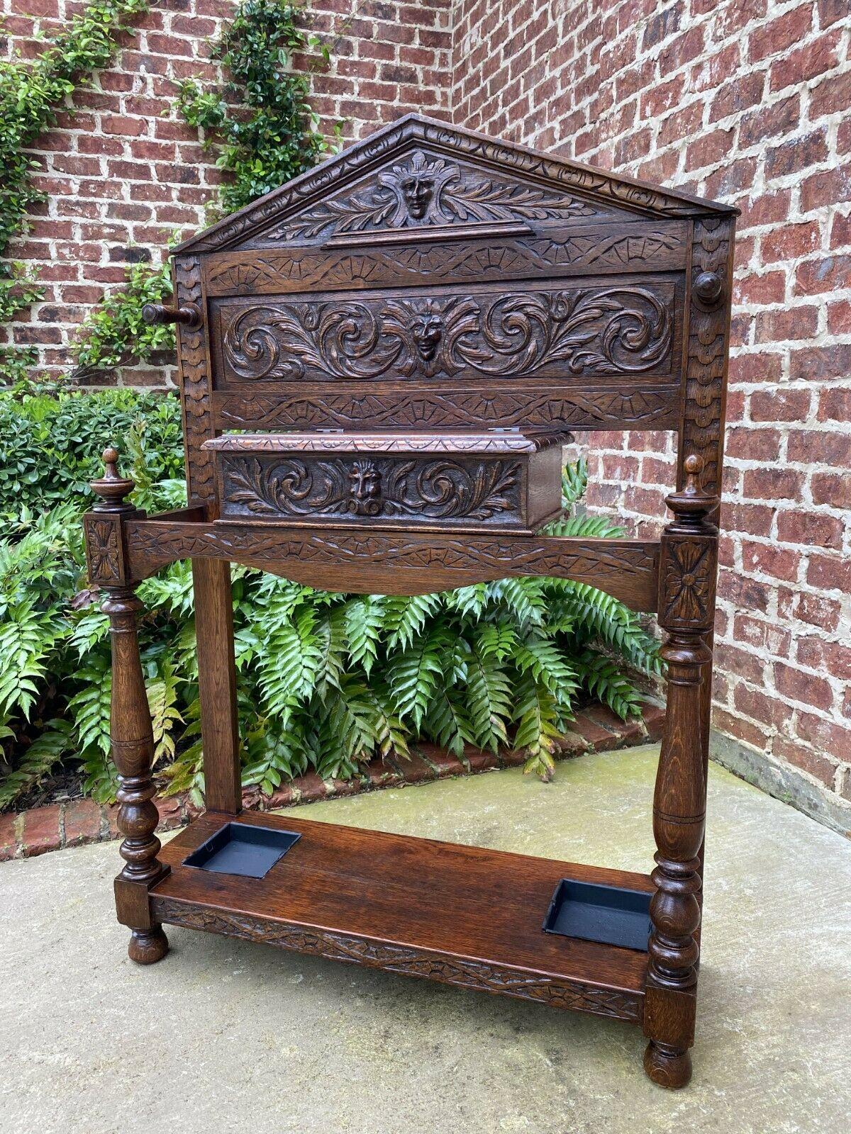 Antique English Oak Umbrella Hall Tree Entry Foyer Cane Stick Stand Gothic Large For Sale 1