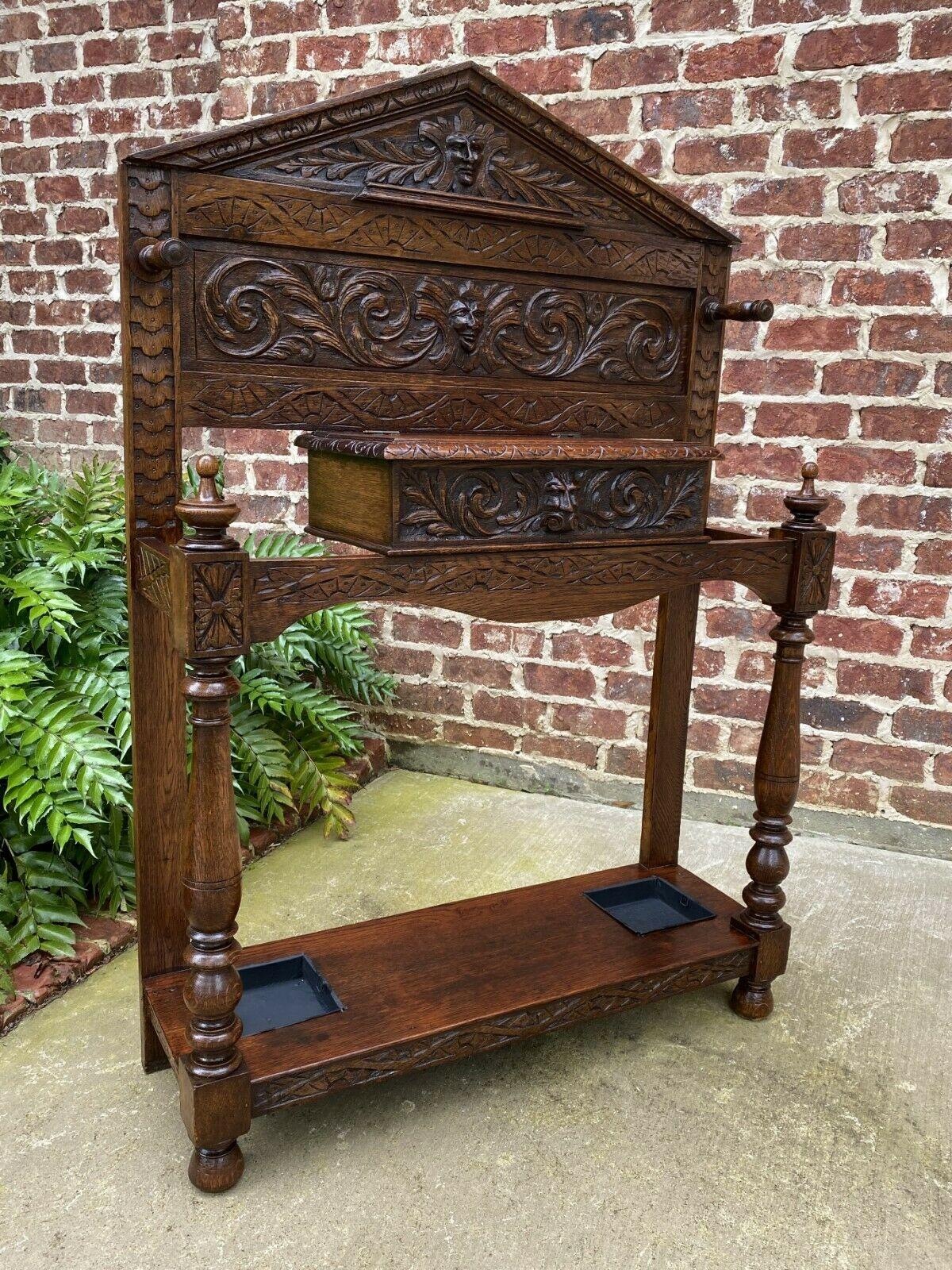 19th Century Antique English Oak Umbrella Hall Tree Entry Foyer Cane Stick Stand Gothic Large For Sale