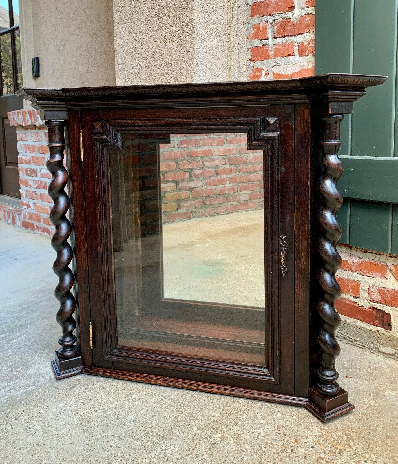 Edwardian Antique English Oak Wall Display Cabinet Glass Curio Vitrine Barley Twist Shelf