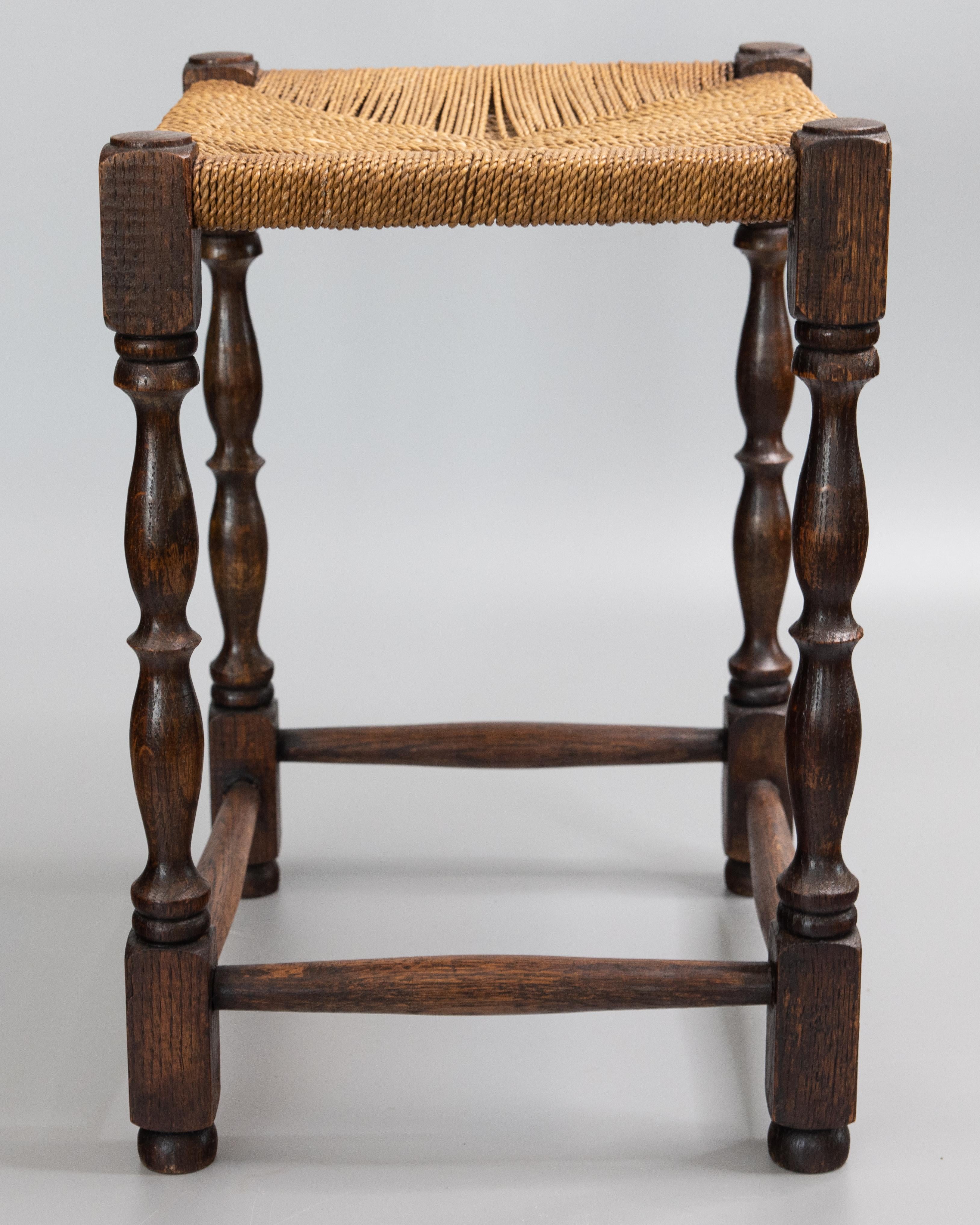 Edwardian Antique English Oak Woven Cord Rope Stool Footstool, circa 1900