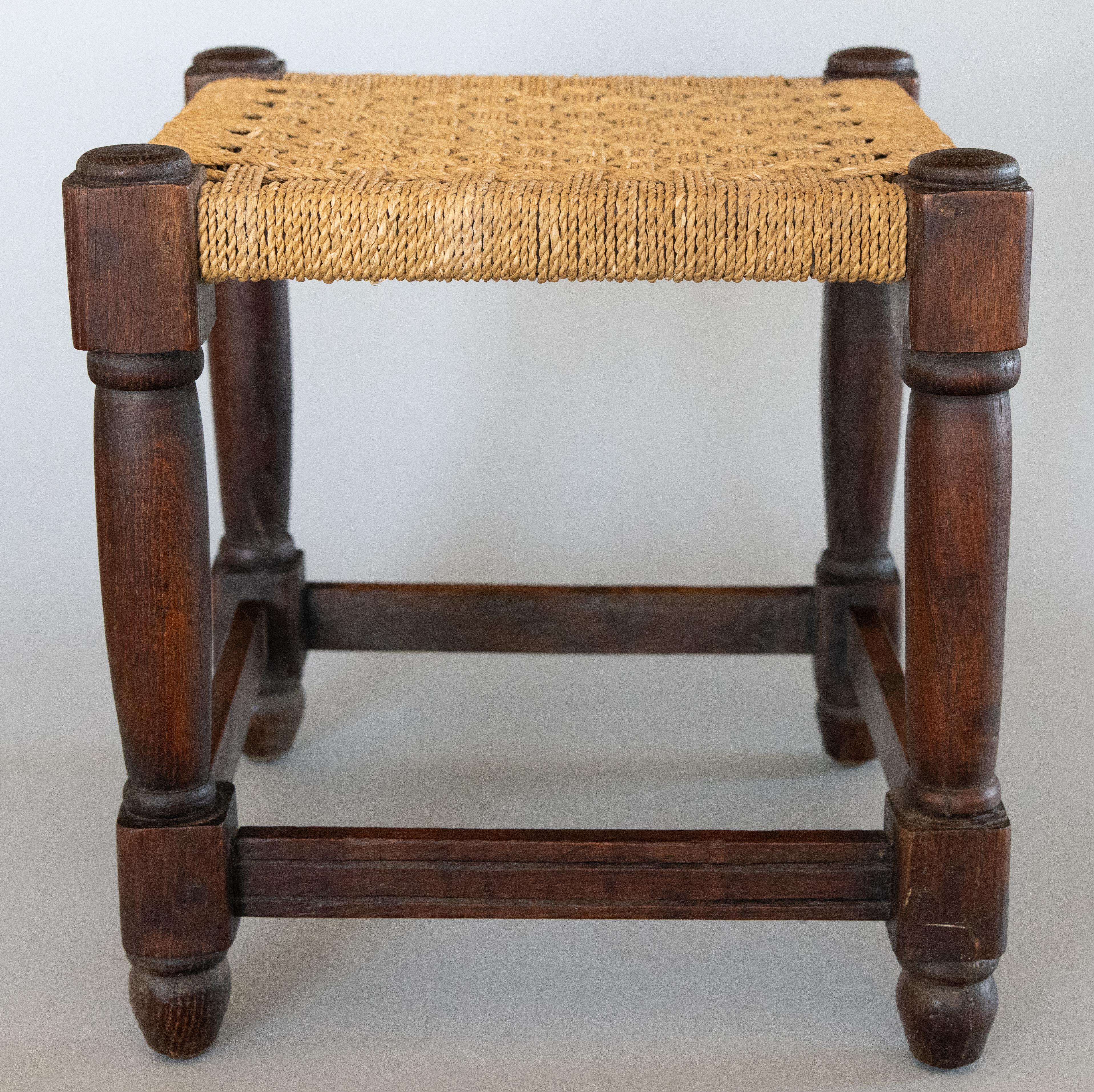 Edwardian Antique English Oak Woven Cord Rope Stool Footstool, circa 1900 For Sale