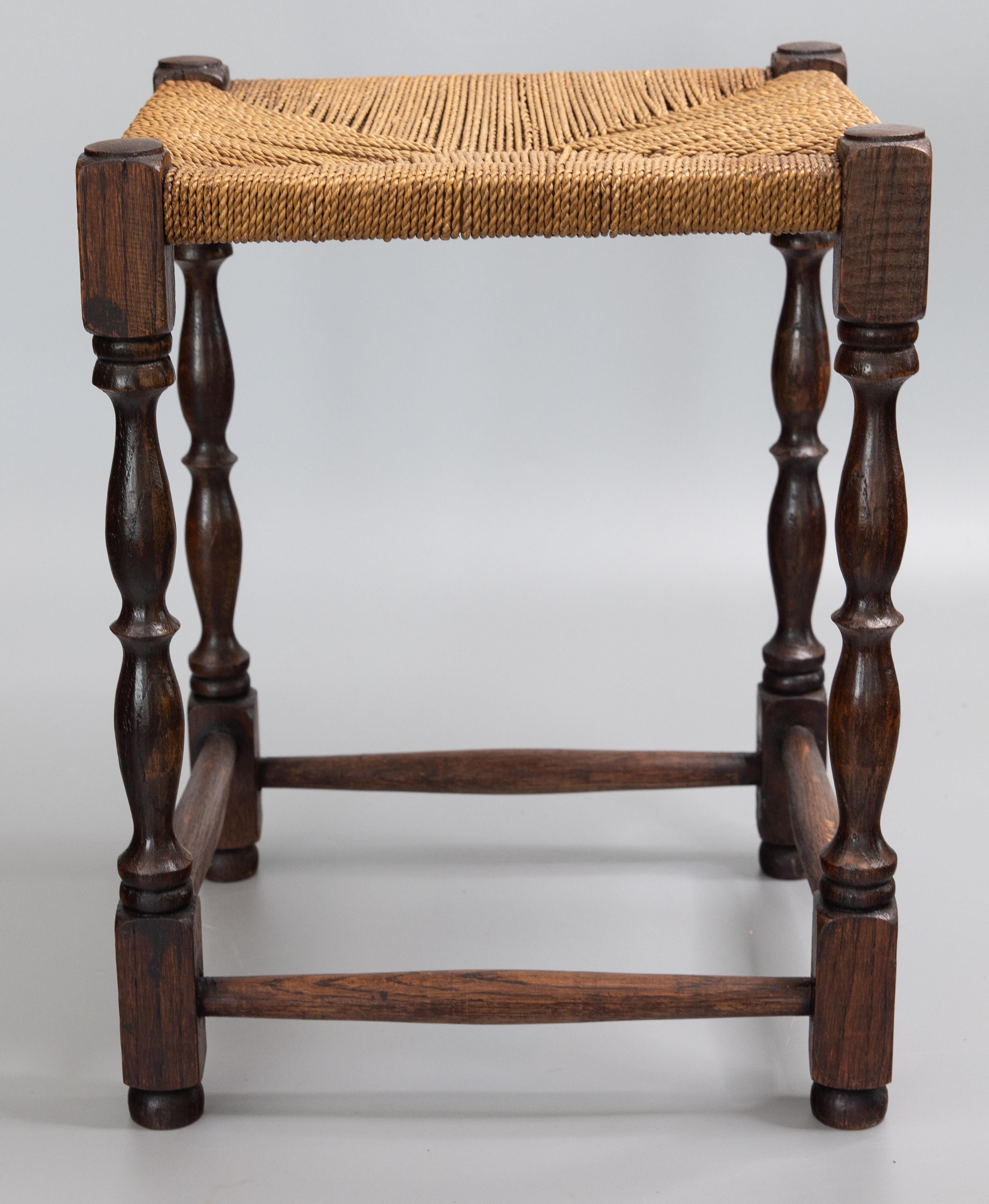 Hand-Woven Antique English Oak Woven Cord Rope Stool Footstool, circa 1900 For Sale