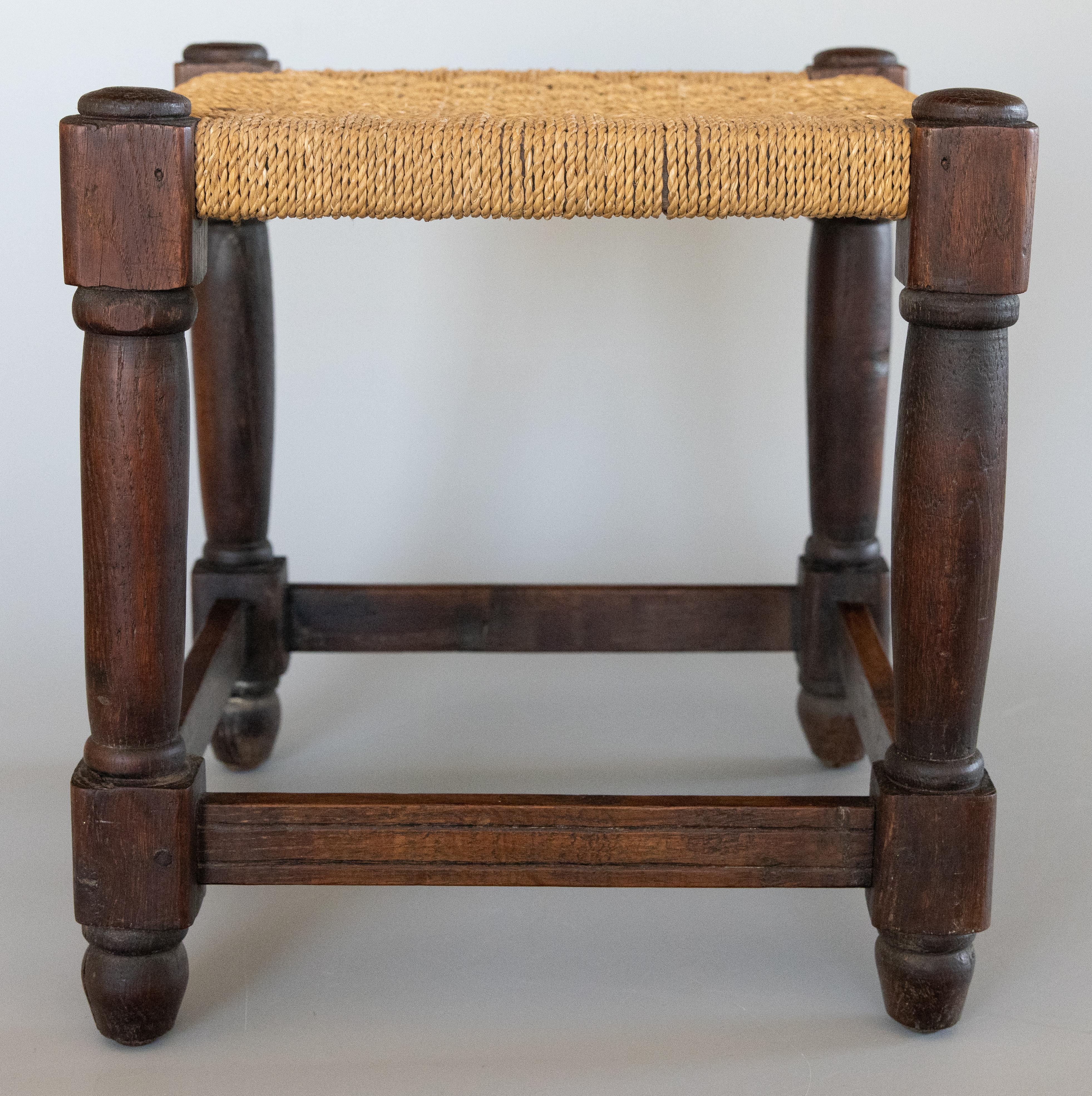 Hand-Woven Antique English Oak Woven Cord Rope Stool Footstool, circa 1900 For Sale