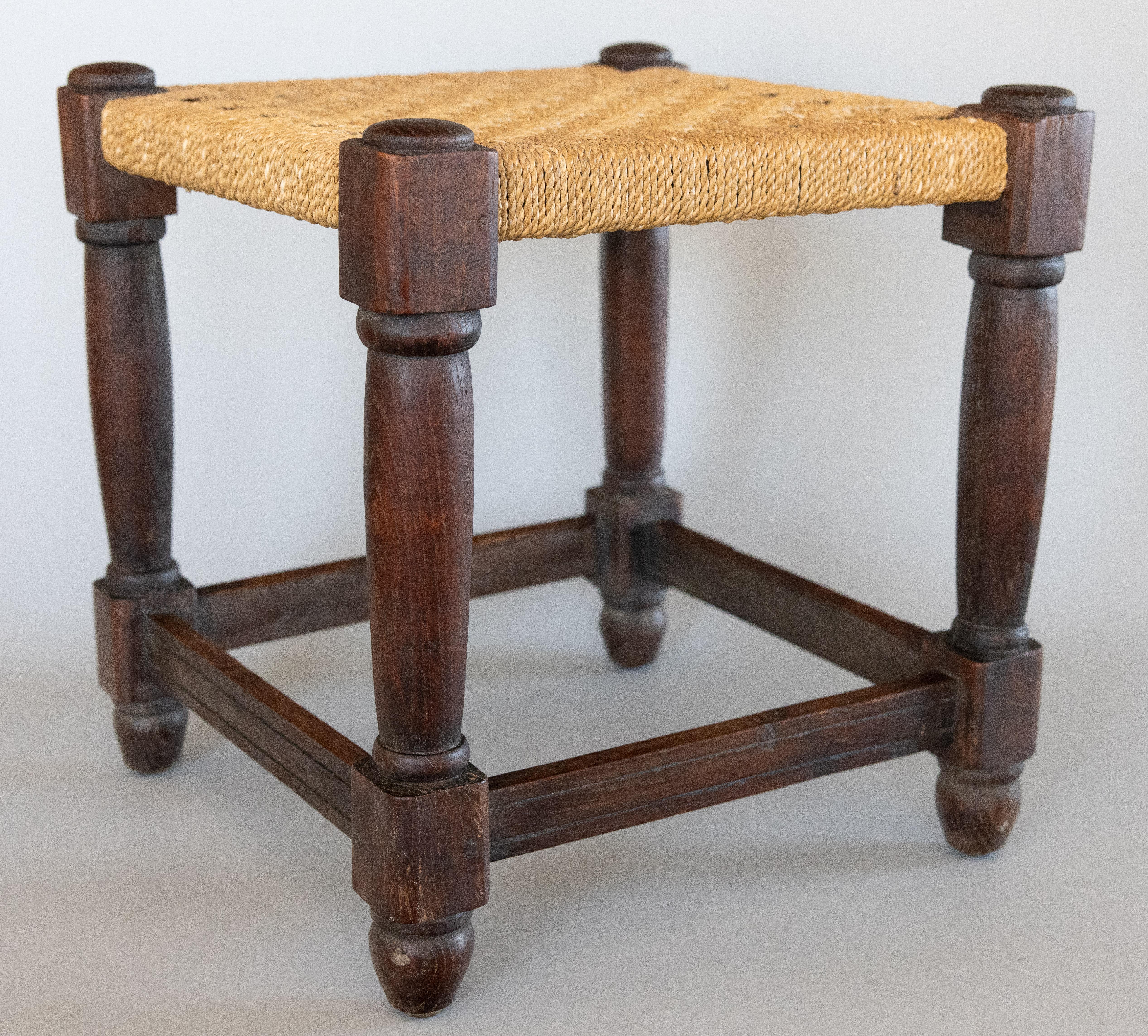 20th Century Antique English Oak Woven Cord Rope Stool Footstool, circa 1900 For Sale