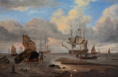 Antique English Oil Preparing the Ships Marine Scene Figures & Sailing Vessels
