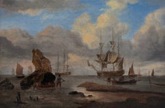 Antique English Oil Preparing the Ships Marine Scene Figures & Sailing Vessels