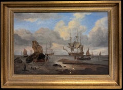 Antique English Oil Preparing the Ships Marine Scene Figures & Sailing Vessels