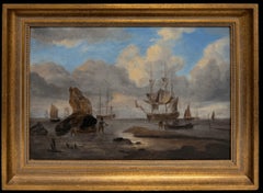 Antique English Oil Preparing the Ships Marine Scene Figures & Sailing Vessels