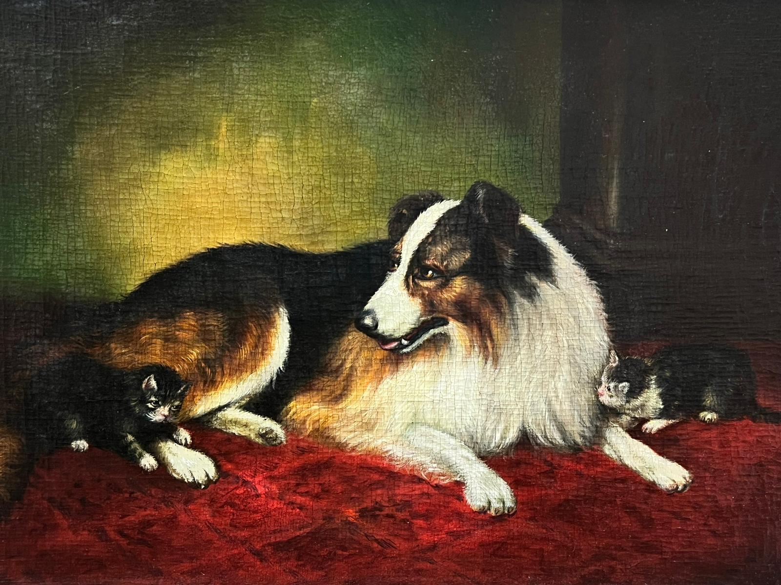 Perro Collie con Gatitos Antiguo Cuadro al Óleo Inglés Victoriano de Perros y Gatos - Painting de Antique English Oil 
