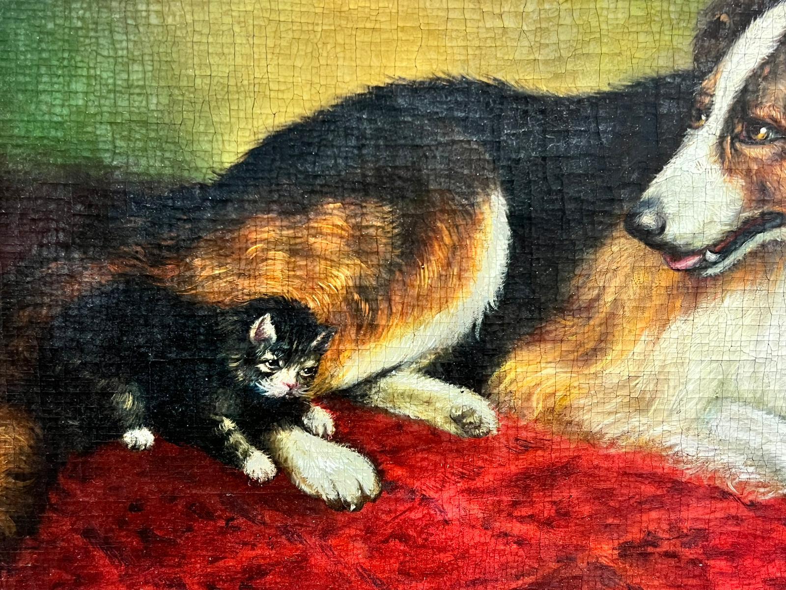 Perro Collie con Gatitos Antiguo Cuadro al Óleo Inglés Victoriano de Perros y Gatos - Animal Painting Negro de Antique English Oil 