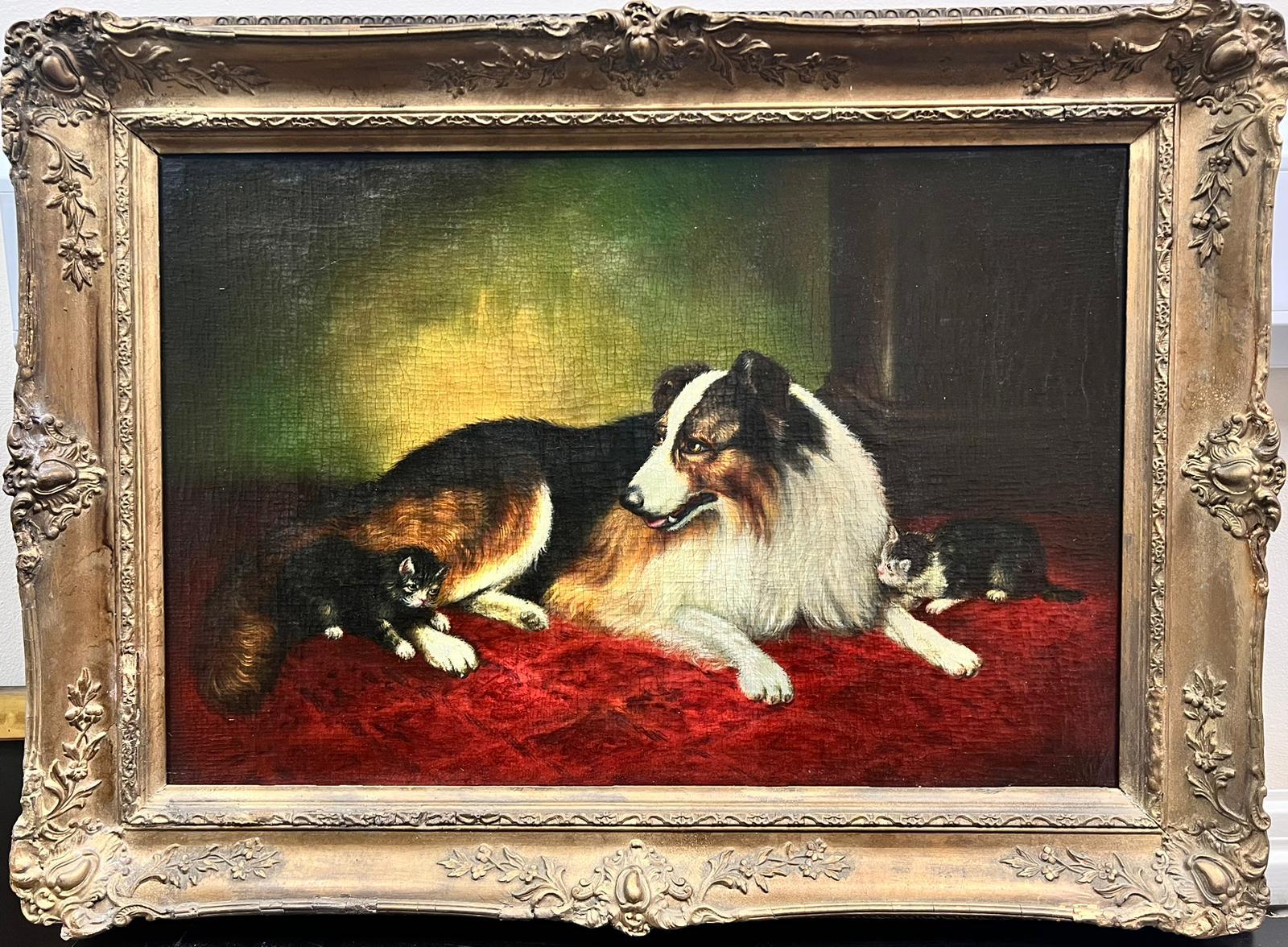 Chien Collie avec chatons Peinture à l'huile victorienne ancienne sur chien et chat