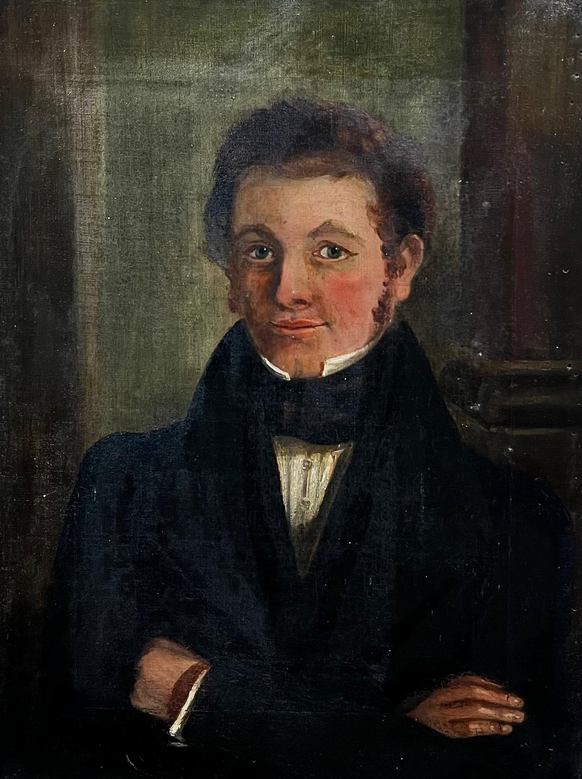 Early Victorian English Oil Portrait of Dapper Young Gentlemen gilt frame - Painting by Antique English Oil 