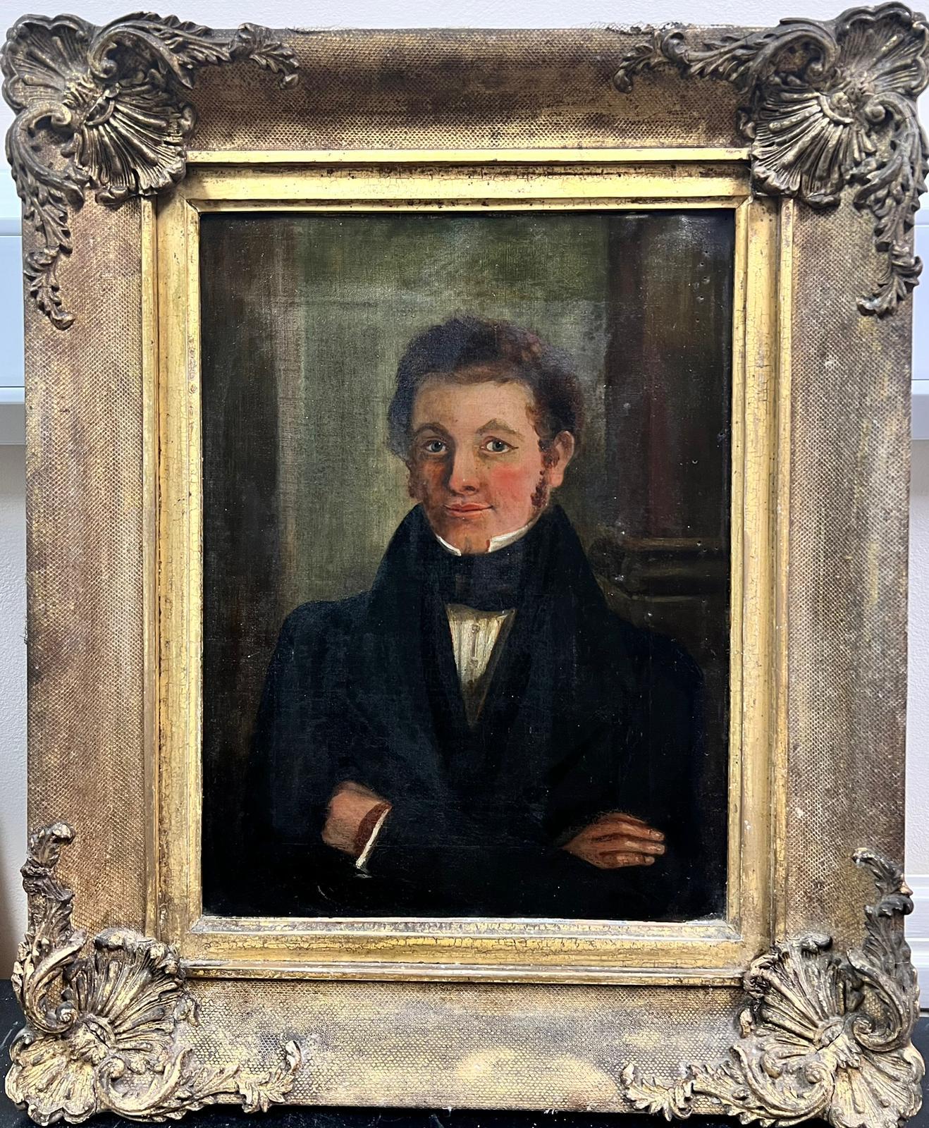 Antique English Oil  Portrait Painting – Frühviktorianisches englisches Ölporträt junger Gentlemen in vergoldetem Rahmen