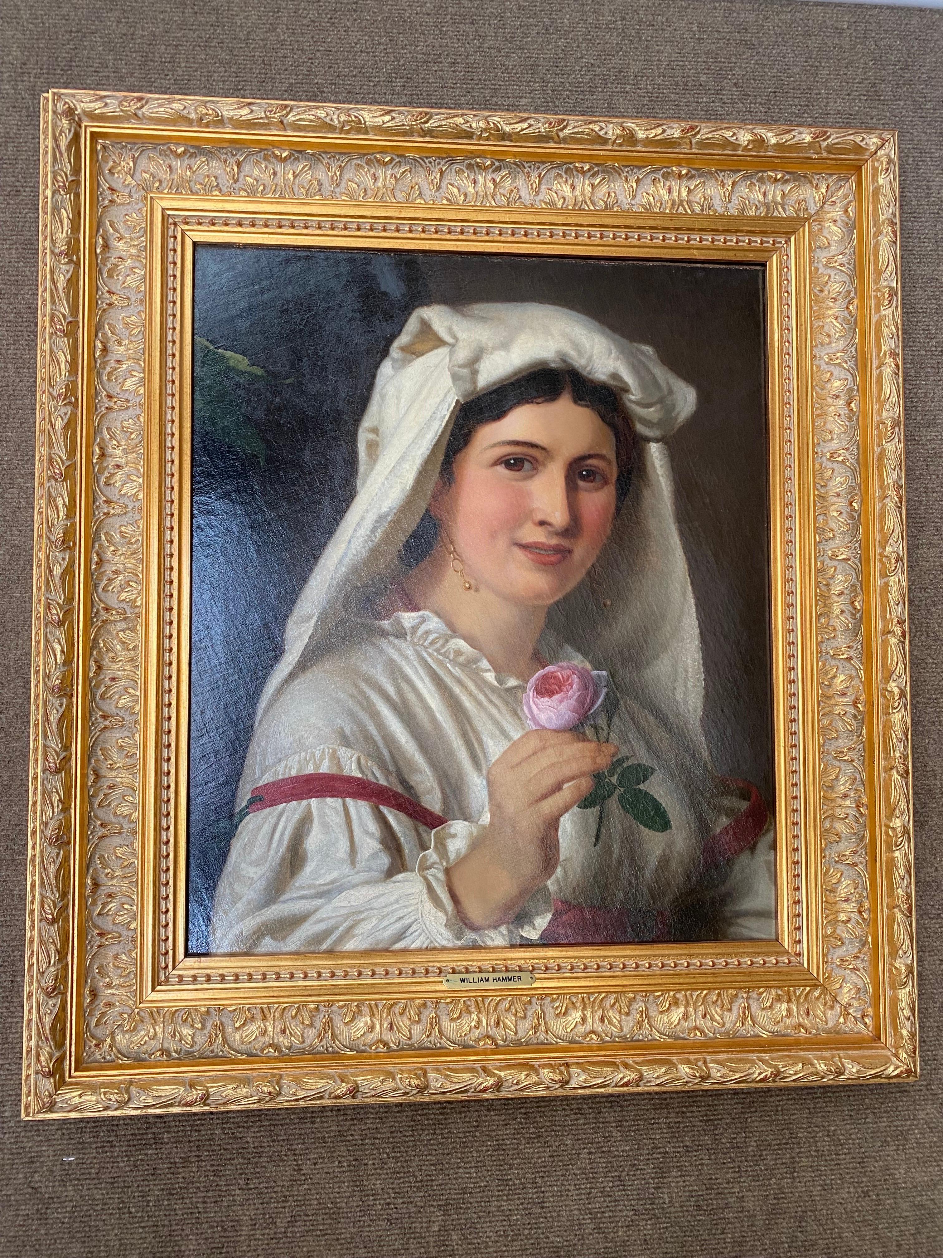Antique English Oil/Canvas of a Young Girl holding a Rose after William Hammer, within a gilt frame, ready to be hung.