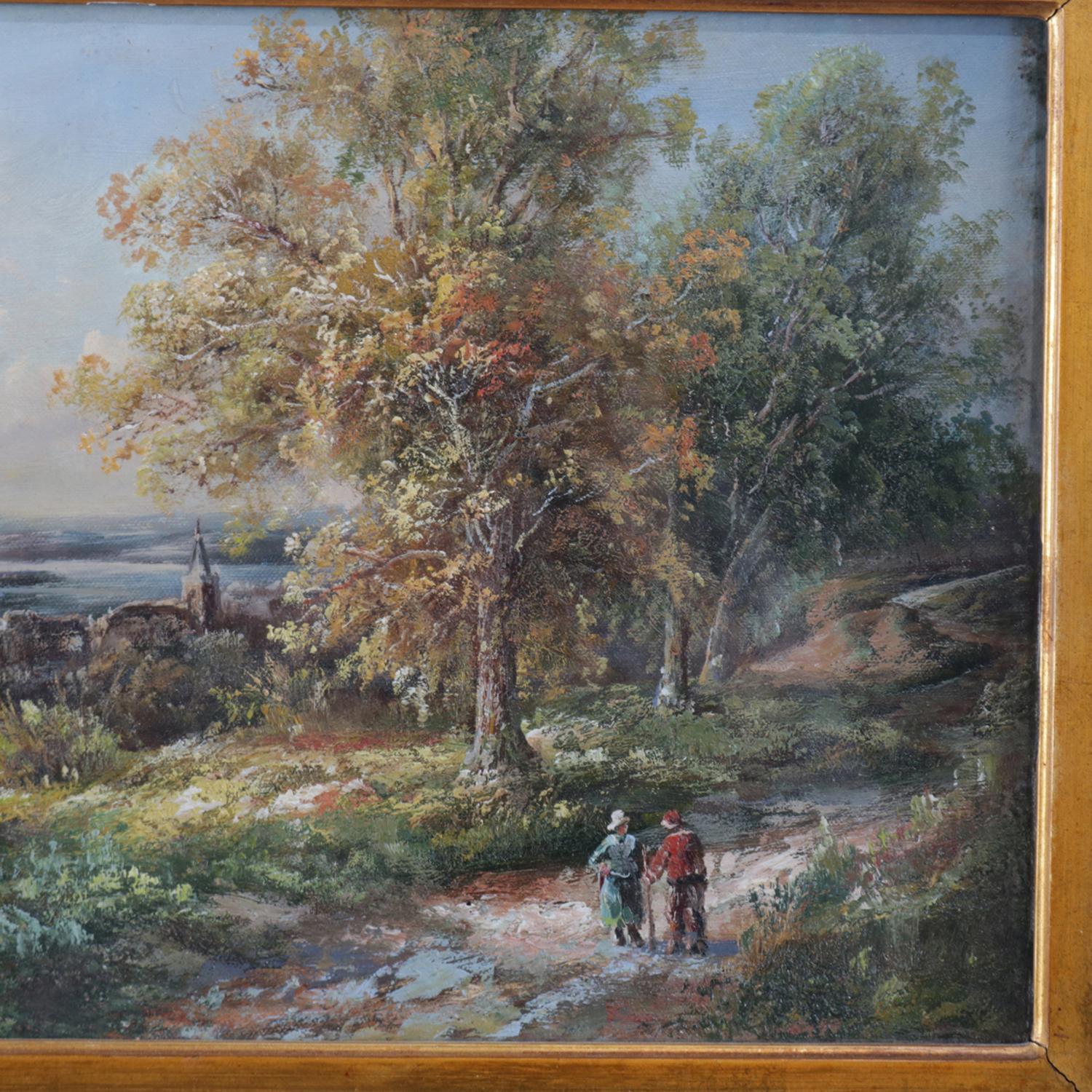 Antique English oil-on-board landscape painting of country road river scene with figures, seated in giltwood frame with protective glass, circa 1880

Measures: Frame 19.75